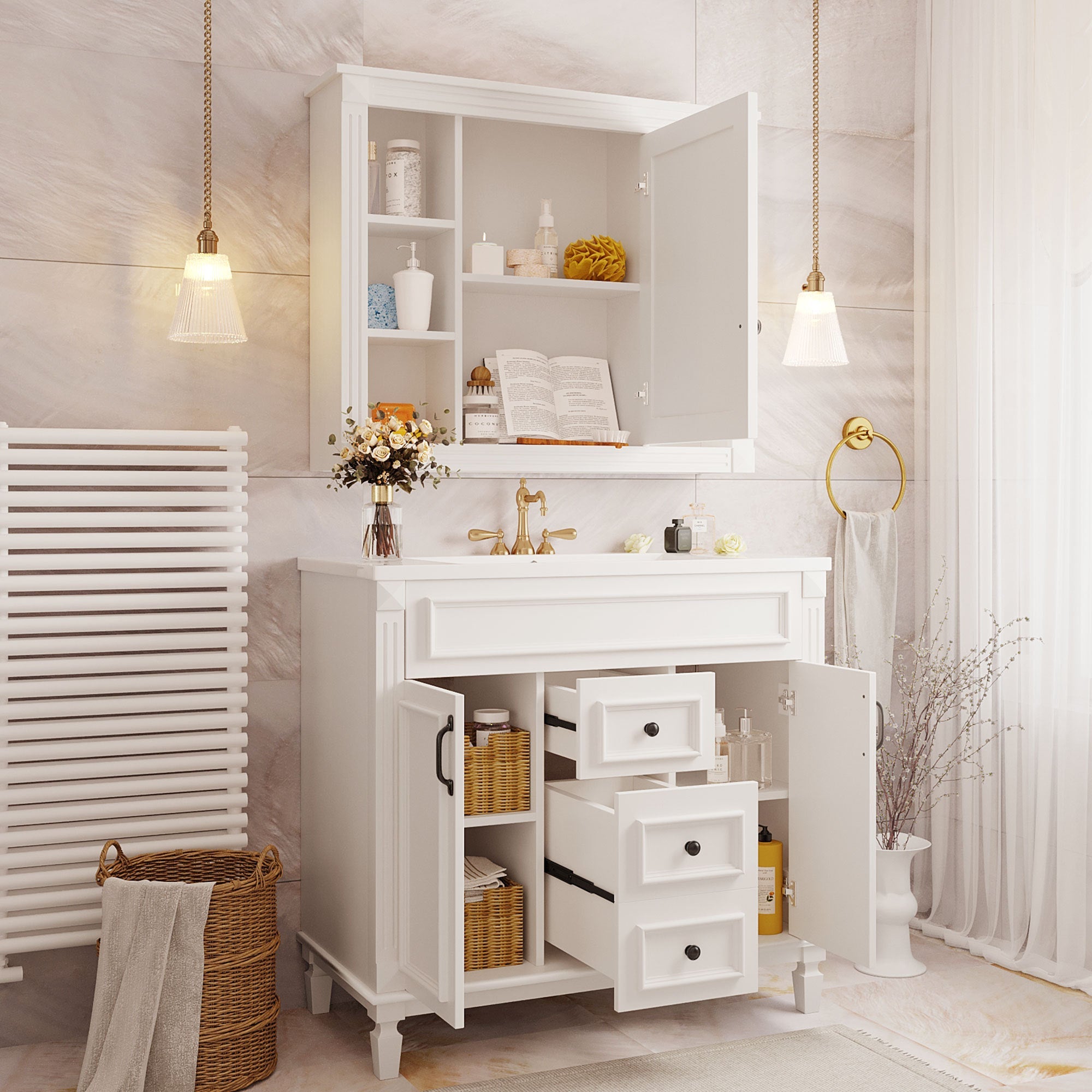 36 "Single sink bathroom dressing table, modern bathroom storage cabinet(white) - KiKiUMi