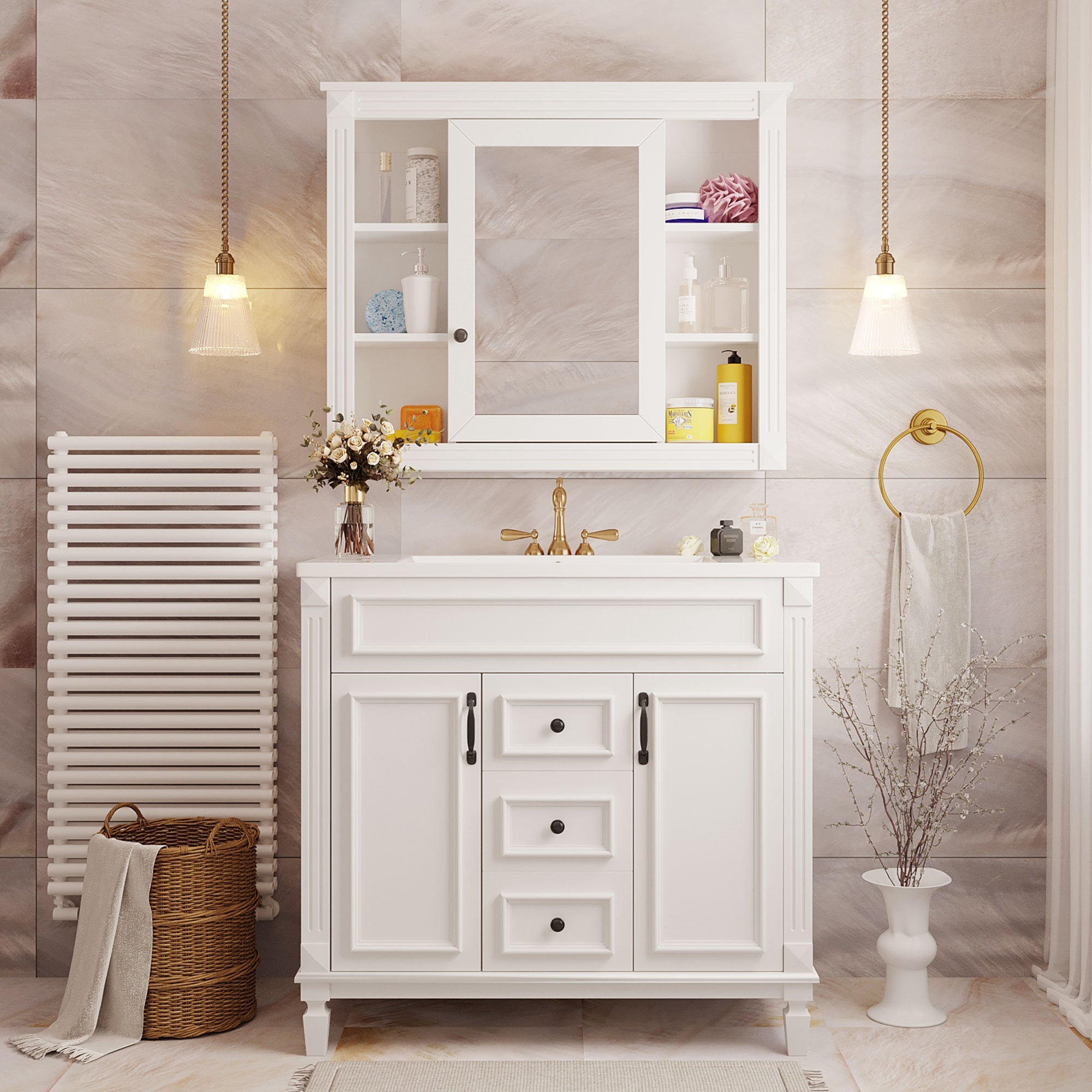 36 "Single sink bathroom dressing table, modern bathroom storage cabinet(white) - KiKiUMi