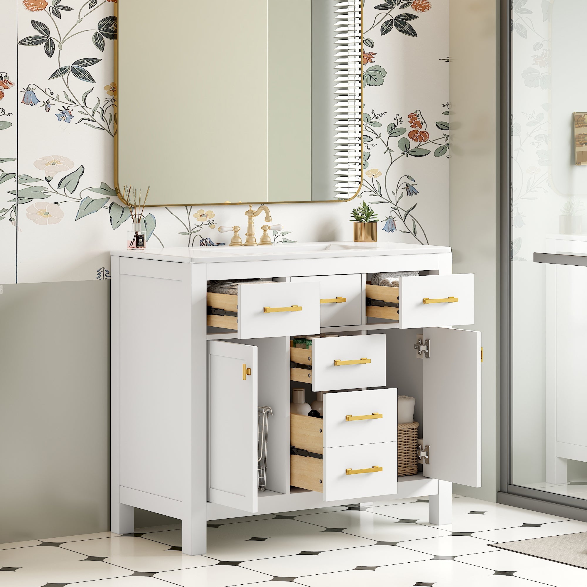 36 "Solid wood frame bathroom ceramic dressing table - KiKiUMi