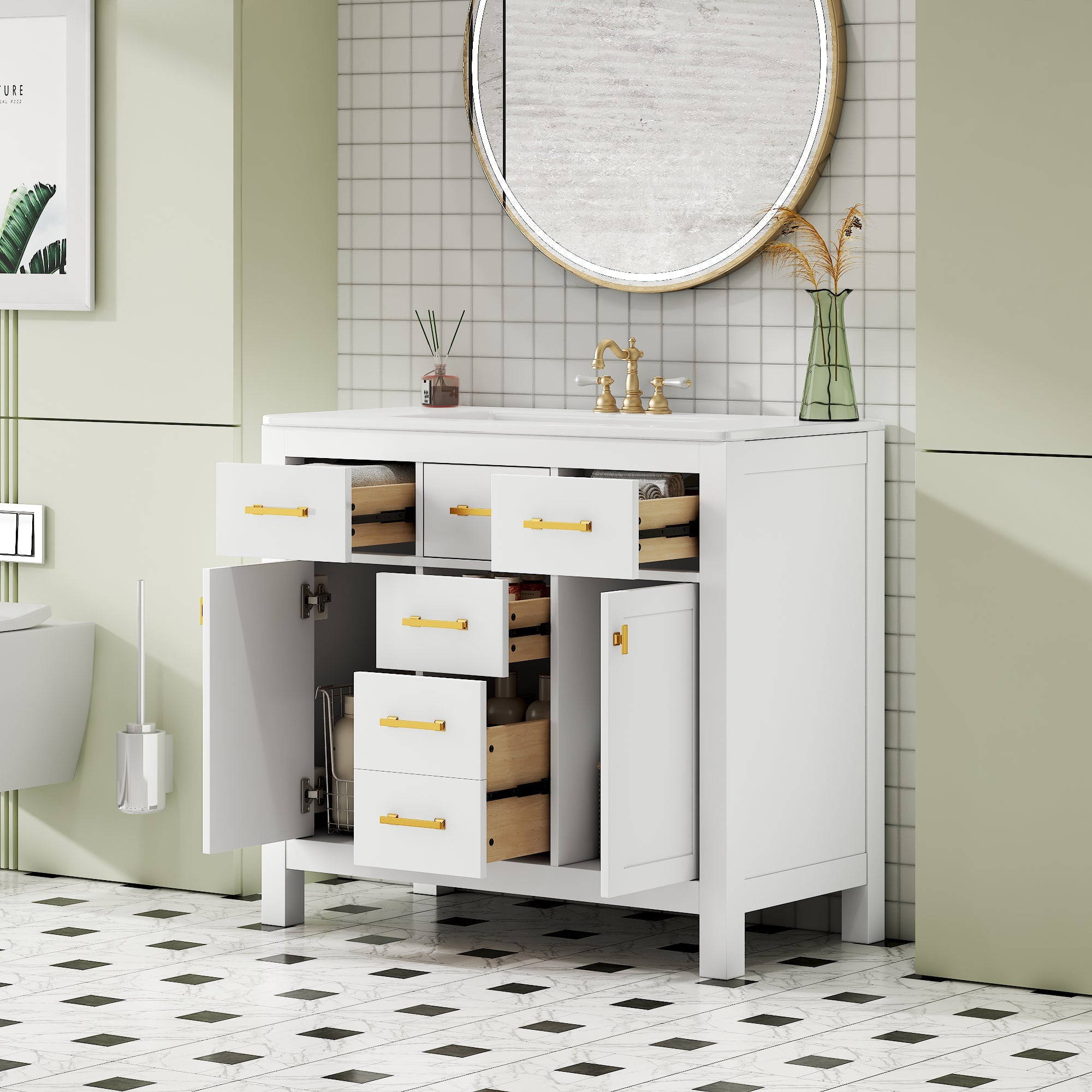 36 "Solid wood frame bathroom ceramic dressing table - KiKiUMi