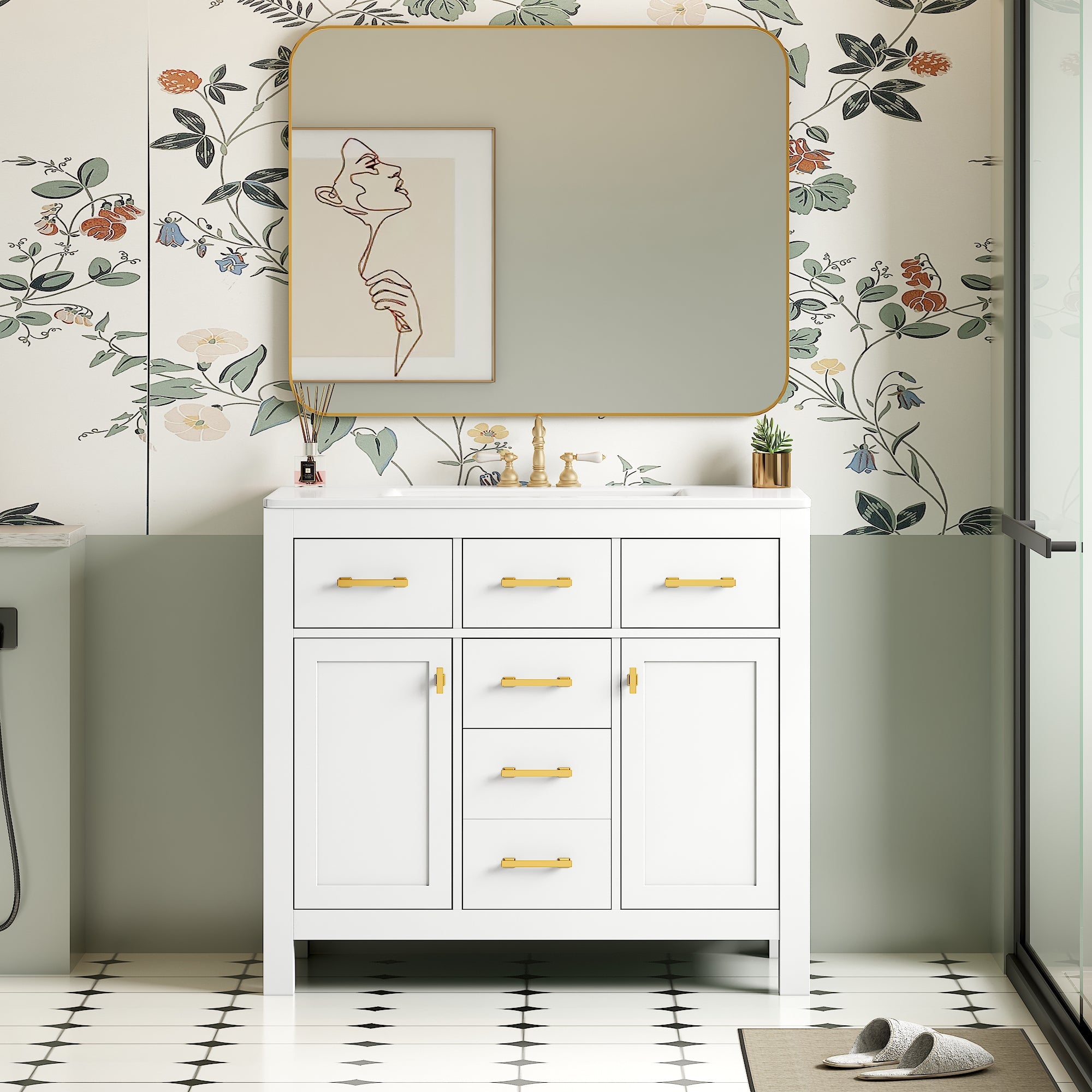 36 "Solid wood frame bathroom ceramic dressing table - KiKiUMi