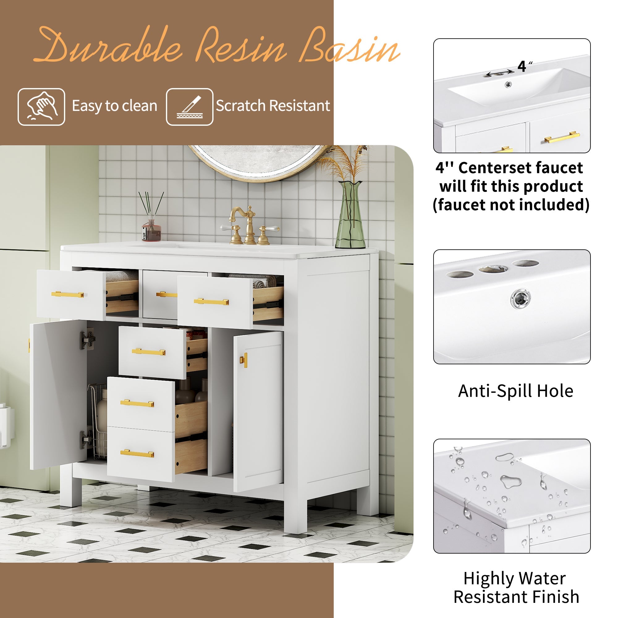 36 "Solid wood frame bathroom ceramic dressing table - KiKiUMi