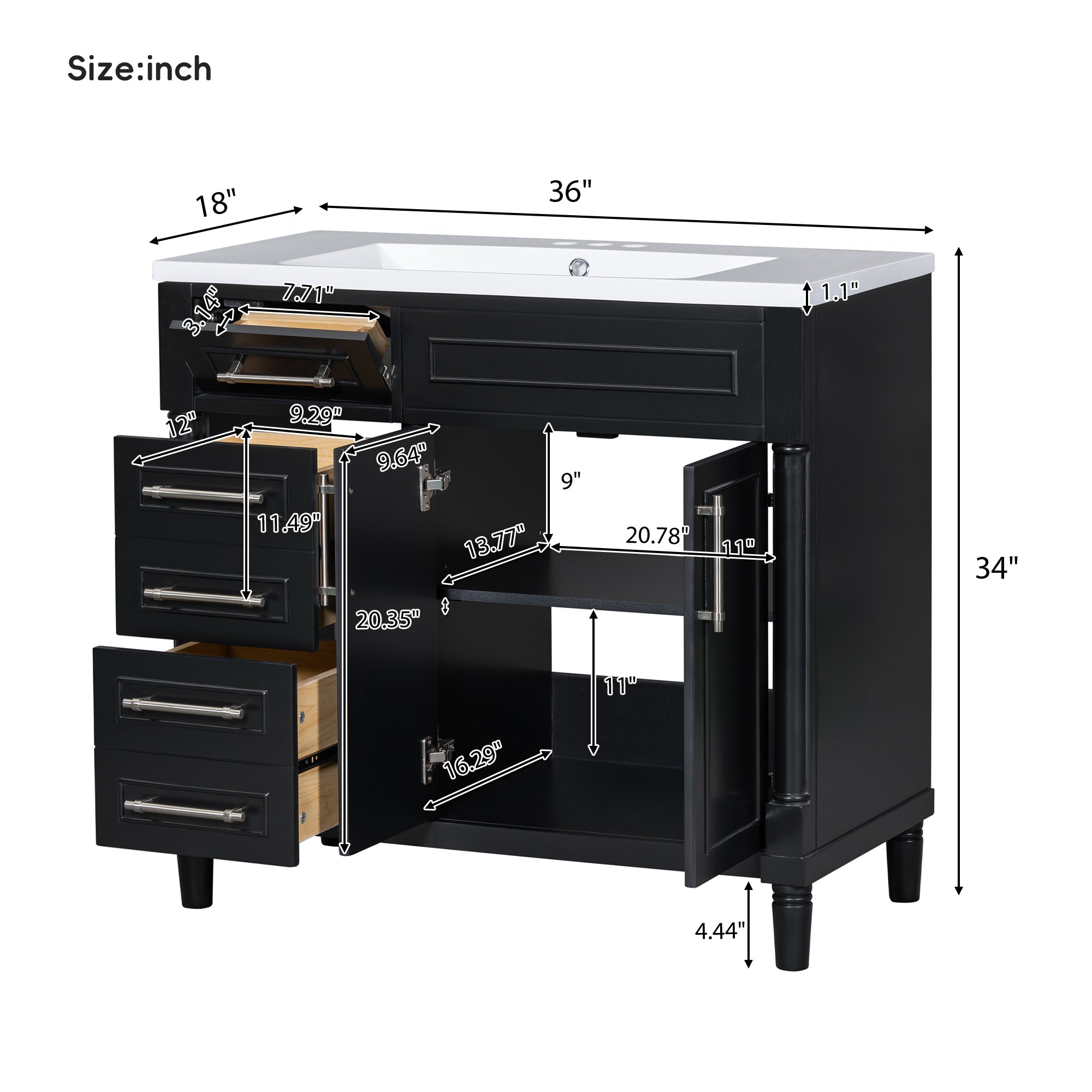 36 "Solid wood frame bathroom dressing table, independent bathroom storage cabinet(black) - KiKiUMi