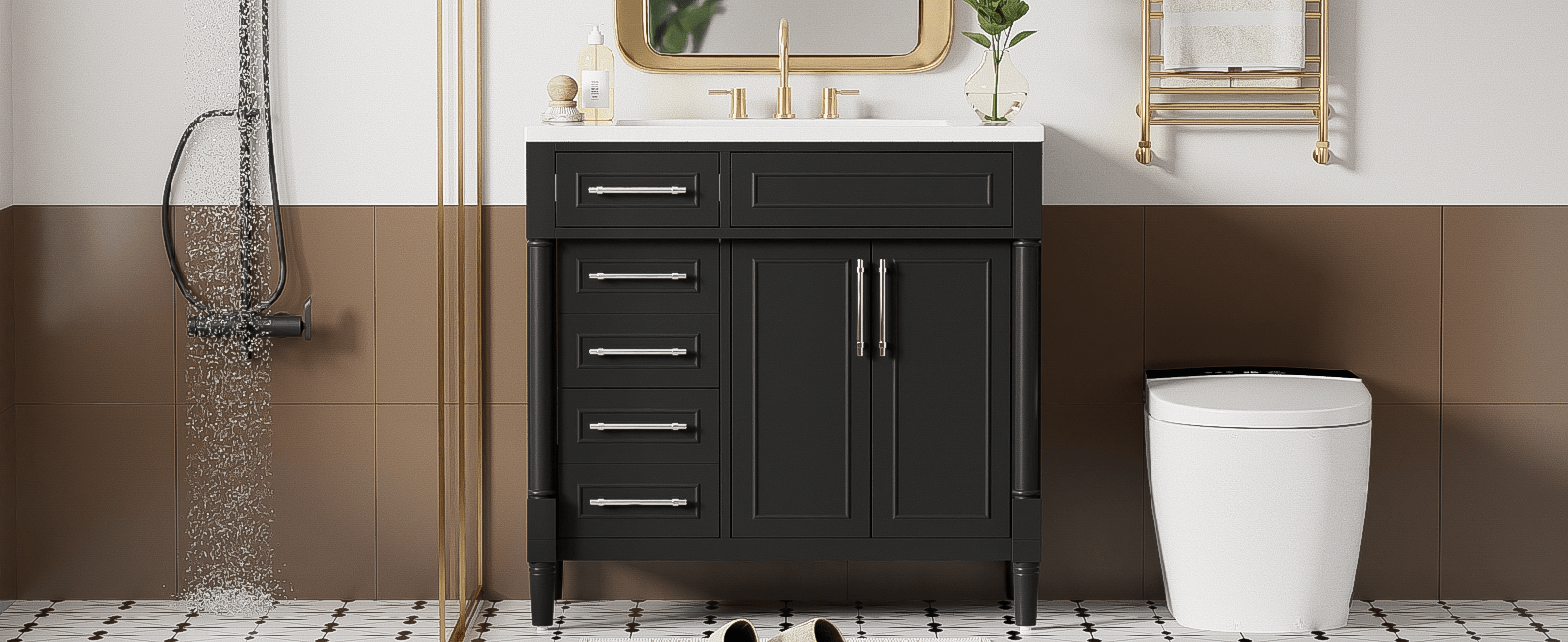 36 "Solid wood frame bathroom dressing table, independent bathroom storage cabinet(black) - KiKiUMi