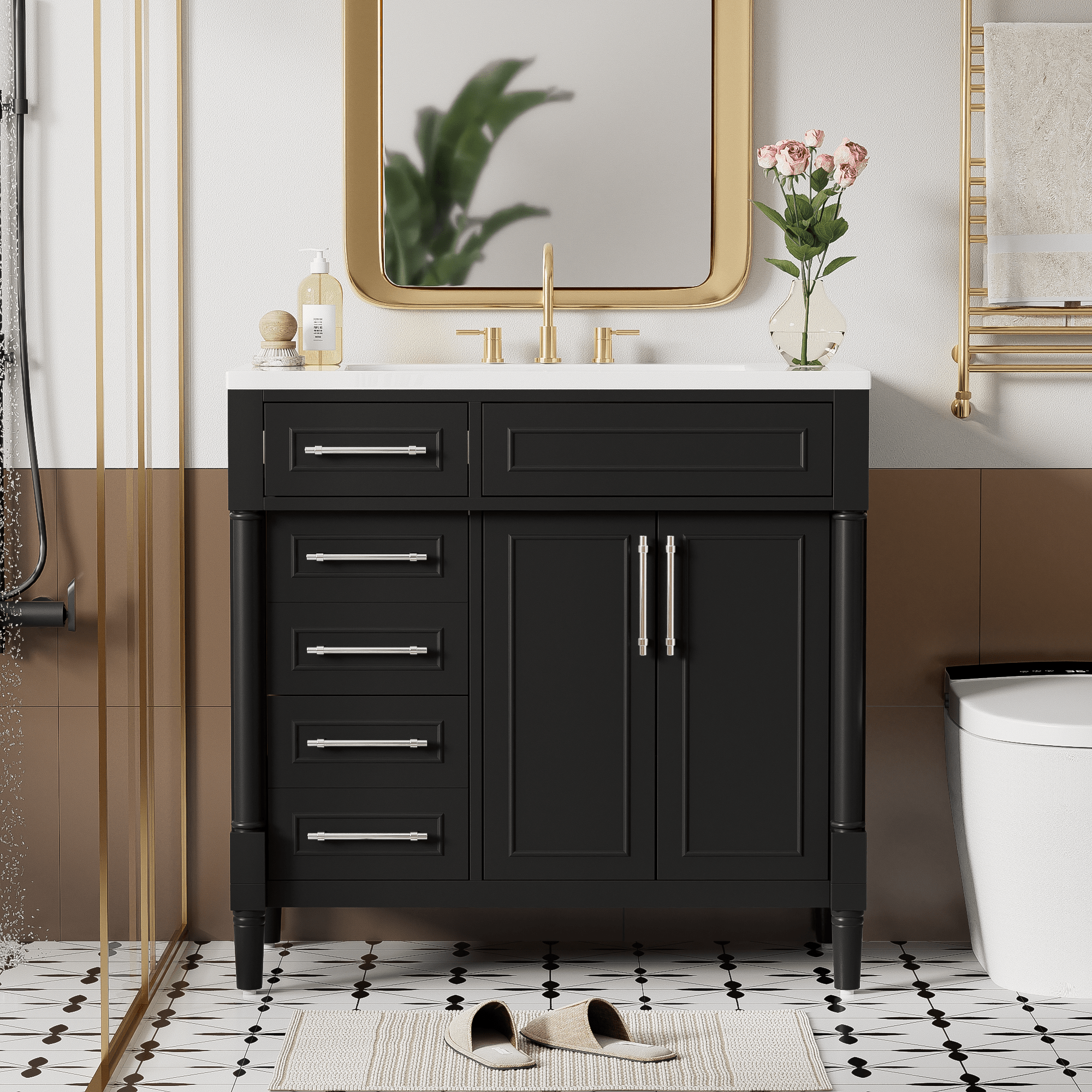 36 "Solid wood frame bathroom dressing table, independent bathroom storage cabinet(black) - KiKiUMi
