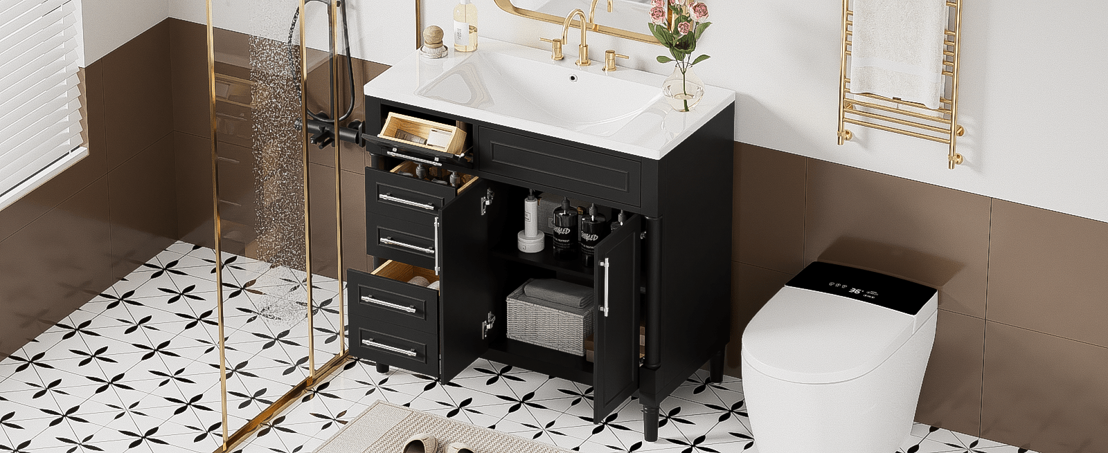 36 "Solid wood frame bathroom dressing table, independent bathroom storage cabinet(black) - KiKiUMi