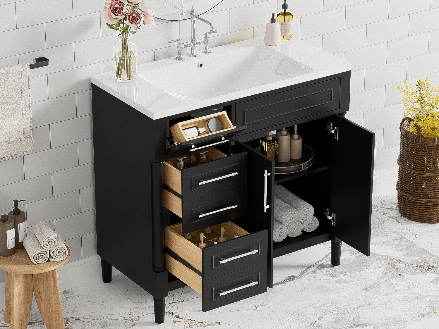 36 "Solid wood frame bathroom dressing table, independent bathroom storage cabinet(black) - KiKiUMi