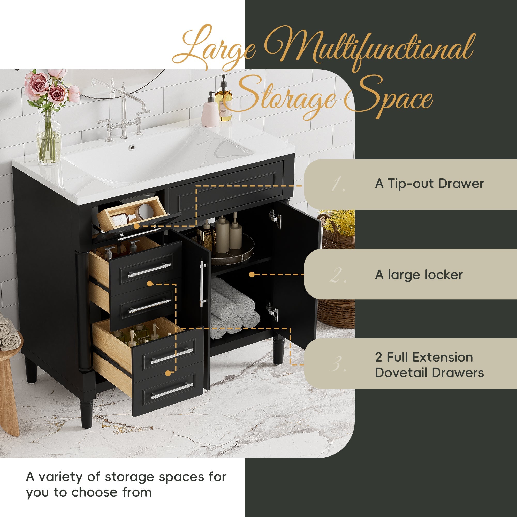 36 "Solid wood frame bathroom dressing table, independent bathroom storage cabinet(black) - KiKiUMi