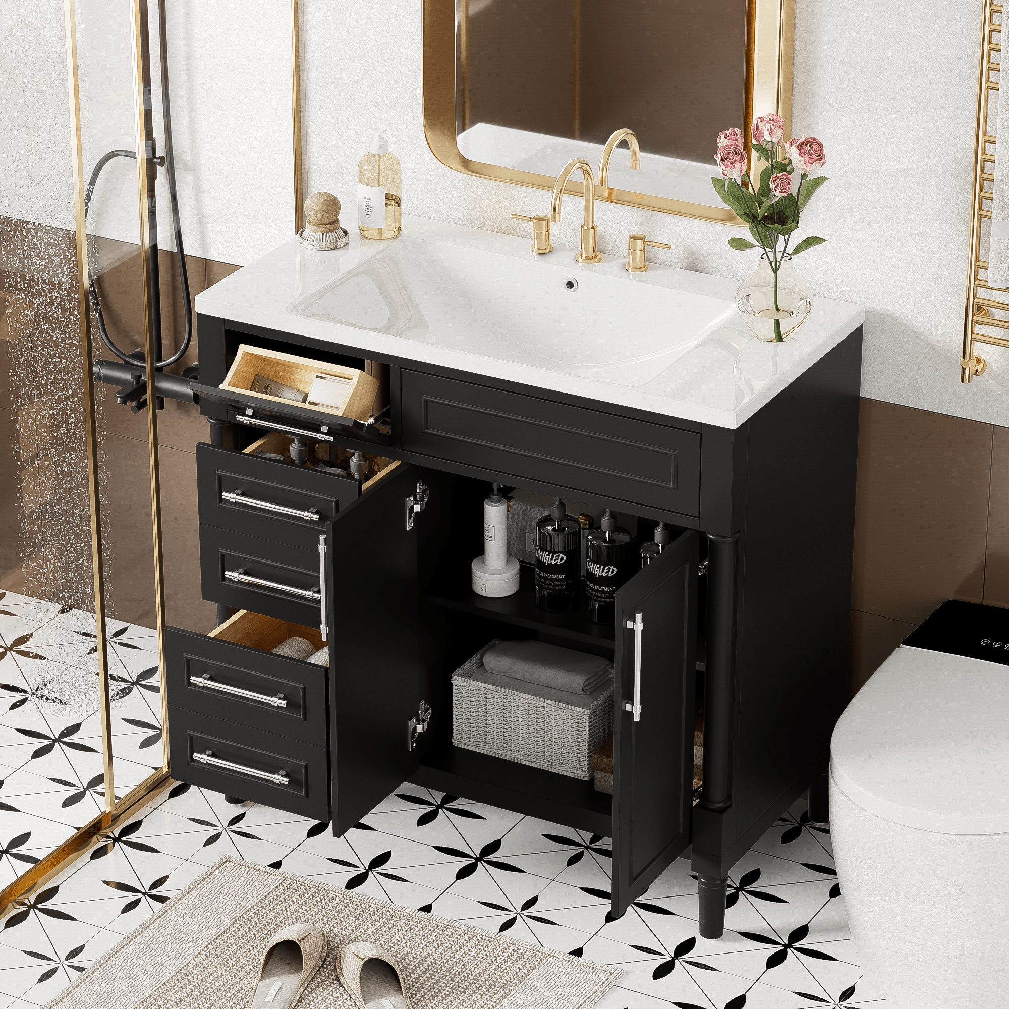 36 "Solid wood frame bathroom dressing table, independent bathroom storage cabinet(black) - KiKiUMi