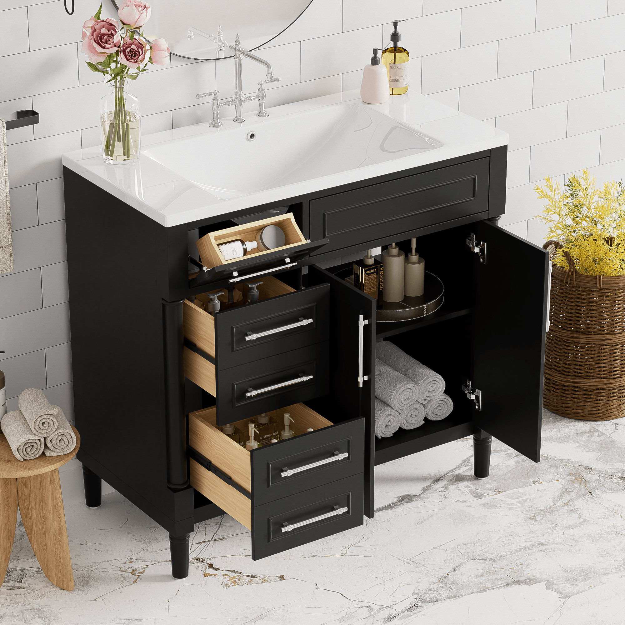 36 "Solid wood frame bathroom dressing table, independent bathroom storage cabinet(black) - KiKiUMi