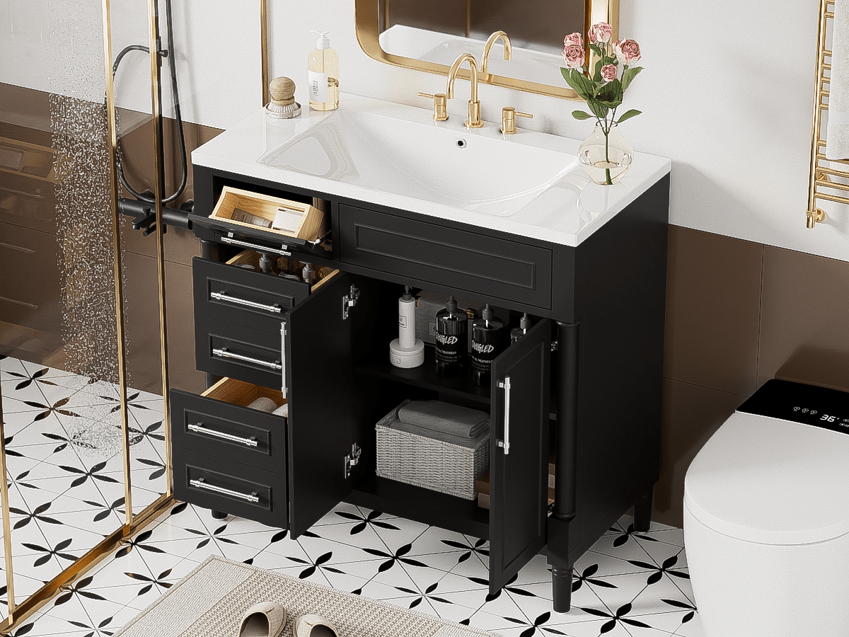 36 "Solid wood frame bathroom dressing table, independent bathroom storage cabinet(black) - KiKiUMi