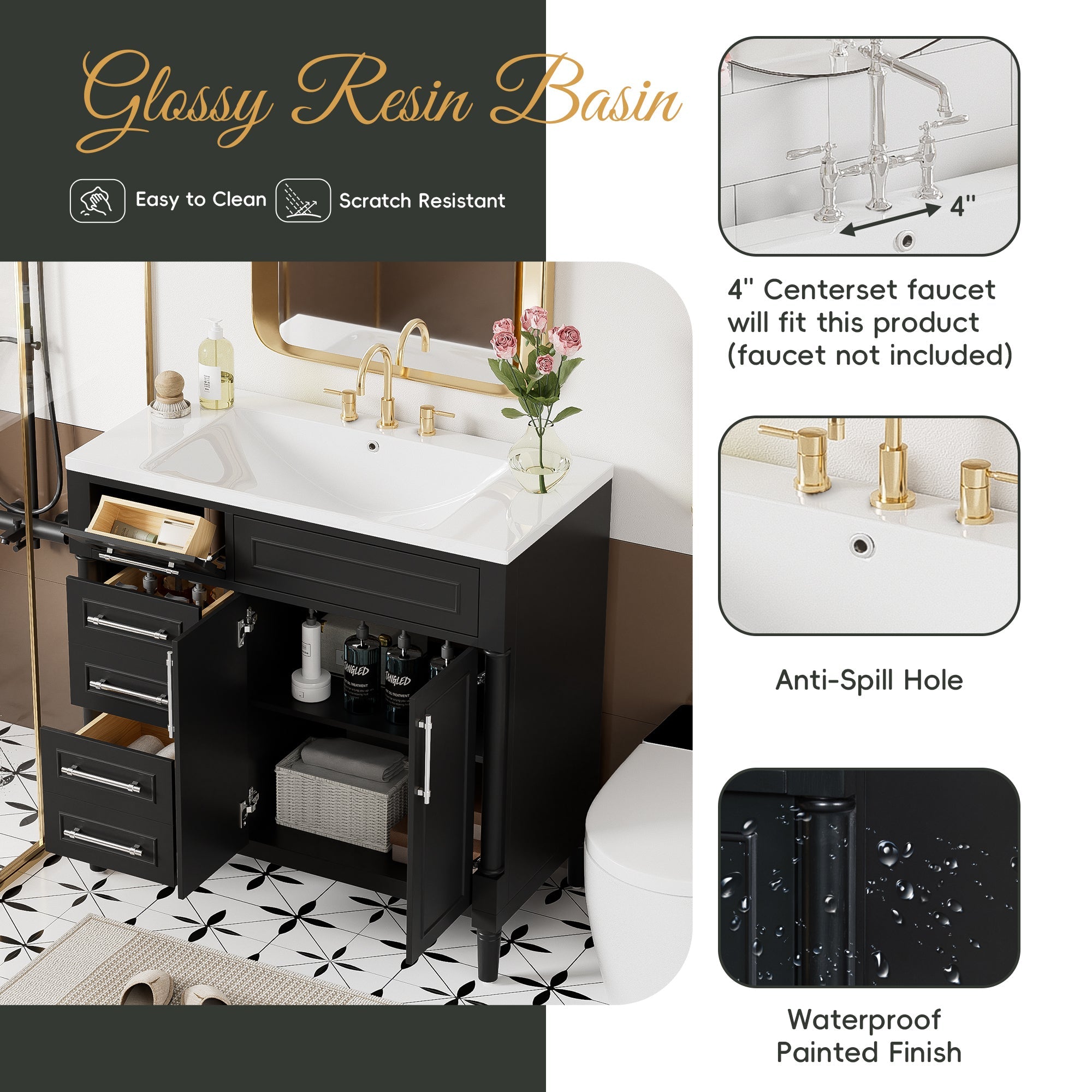 36 "Solid wood frame bathroom dressing table, independent bathroom storage cabinet(black) - KiKiUMi