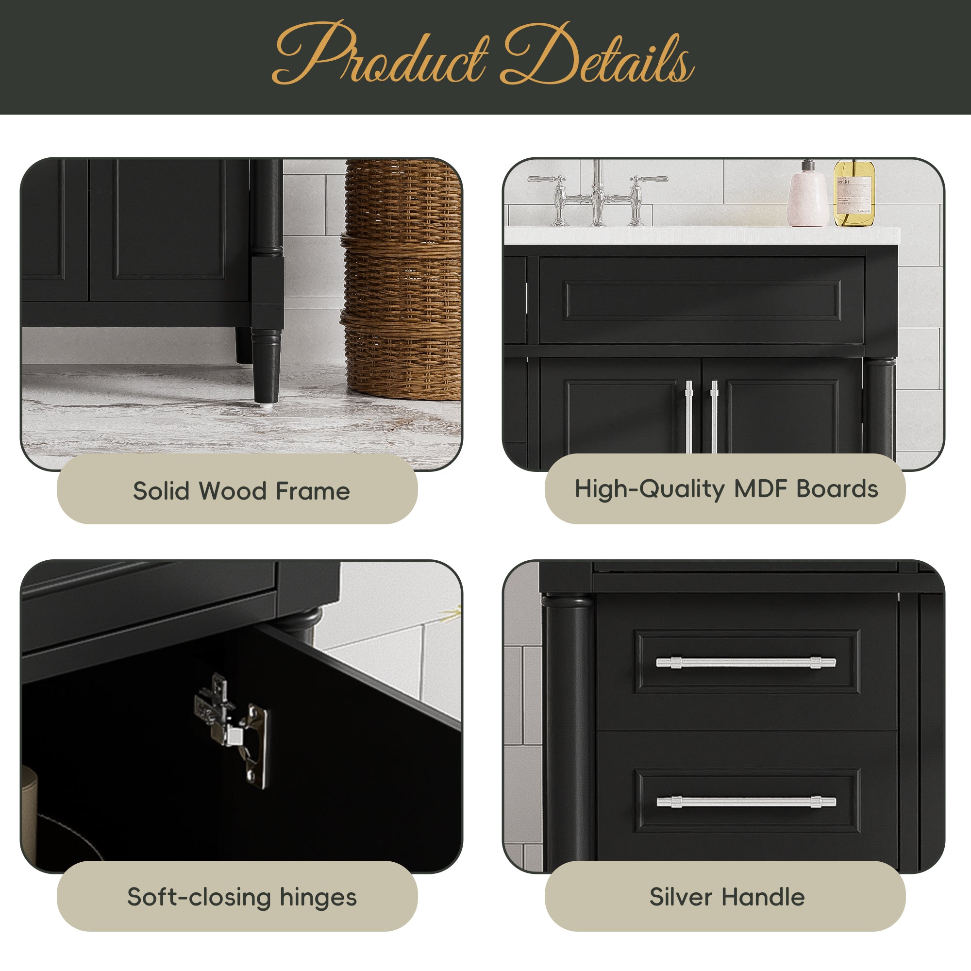 36 "Solid wood frame bathroom dressing table, independent bathroom storage cabinet(black) - KiKiUMi