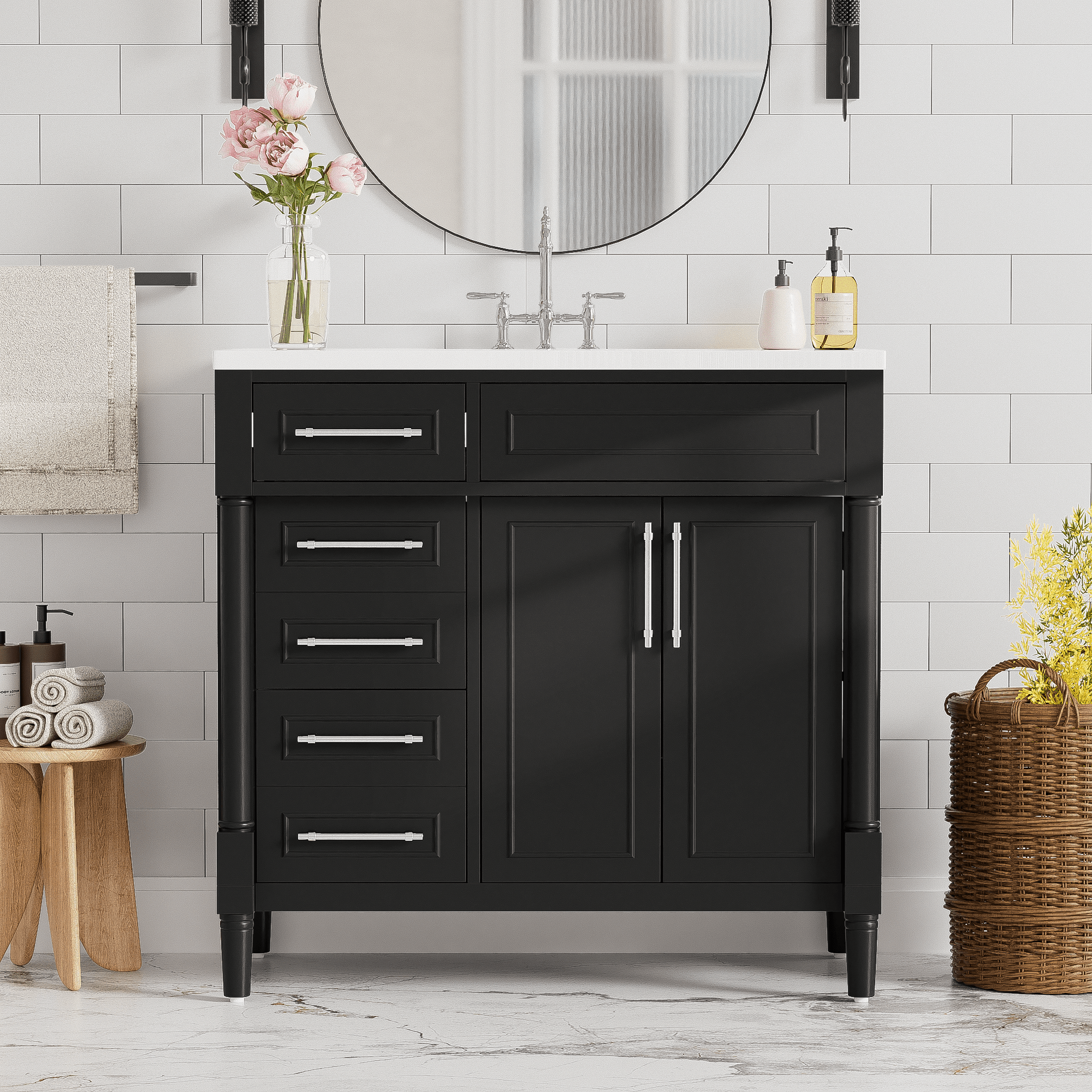 36 "Solid wood frame bathroom dressing table, independent bathroom storage cabinet(black) - KiKiUMi