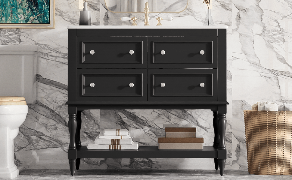 36' Solid Wood Frame Independent Dressing Table Set (black) - KiKiUMi