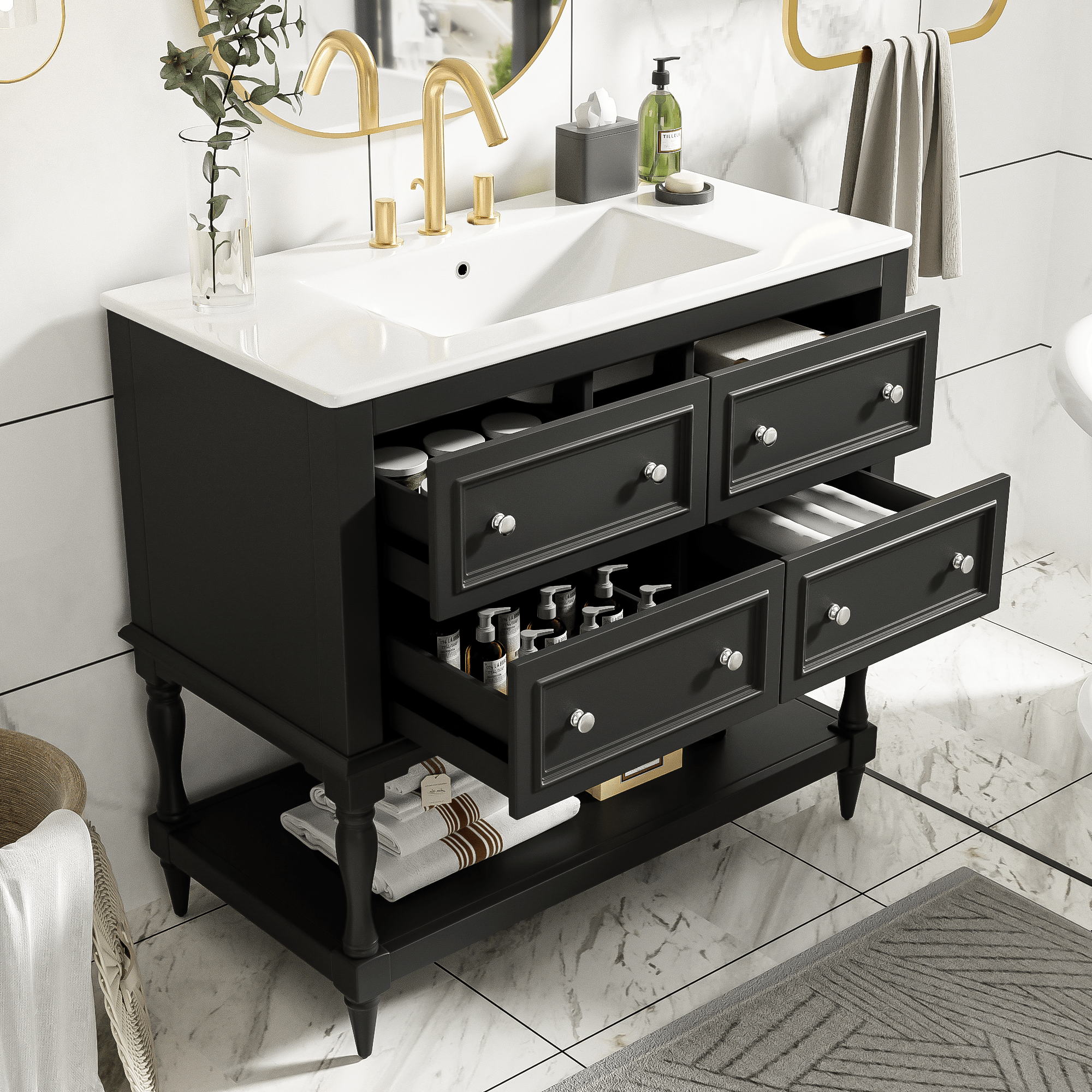 36' Solid Wood Frame Independent Dressing Table Set (black) - KiKiUMi