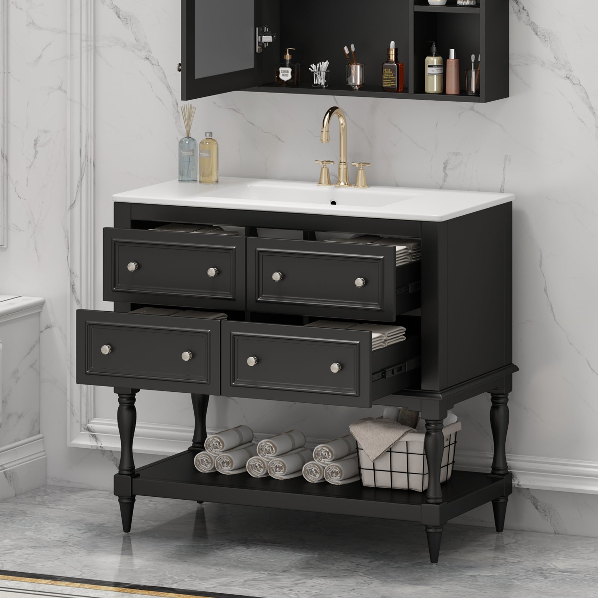 36' Solid Wood Frame Independent Dressing Table Set (black) - KiKiUMi
