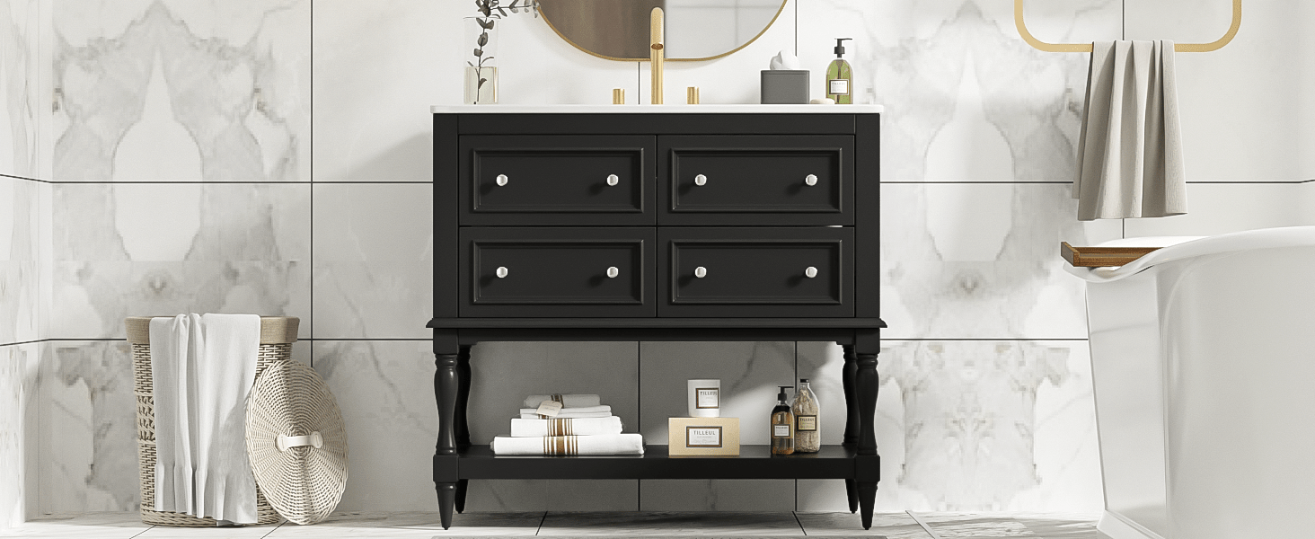 36' Solid Wood Frame Independent Dressing Table Set (black) - KiKiUMi