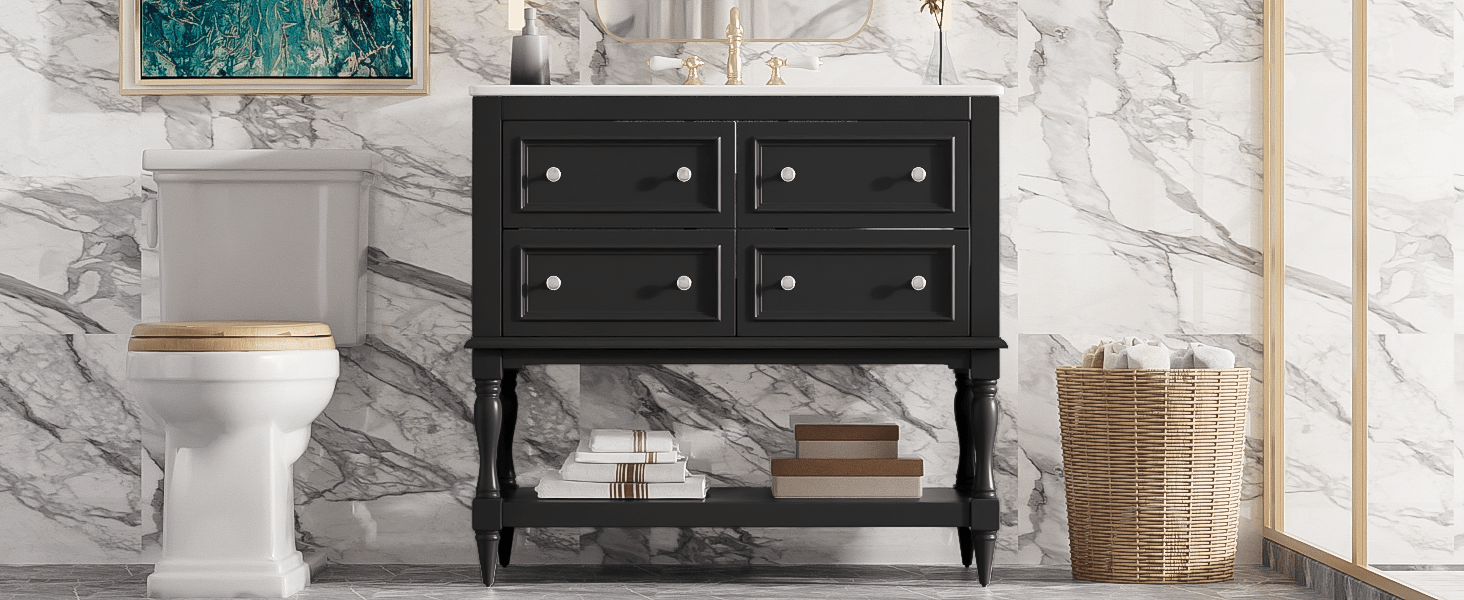 36' Solid Wood Frame Independent Dressing Table Set (black) - KiKiUMi