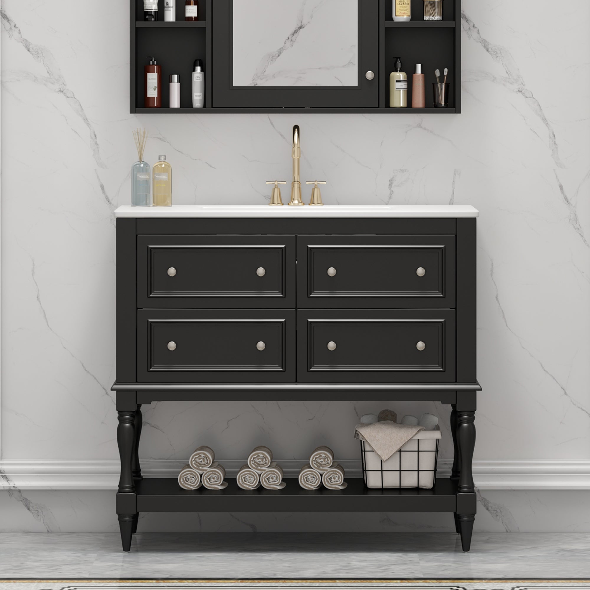 36' Solid Wood Frame Independent Dressing Table Set (black) - KiKiUMi
