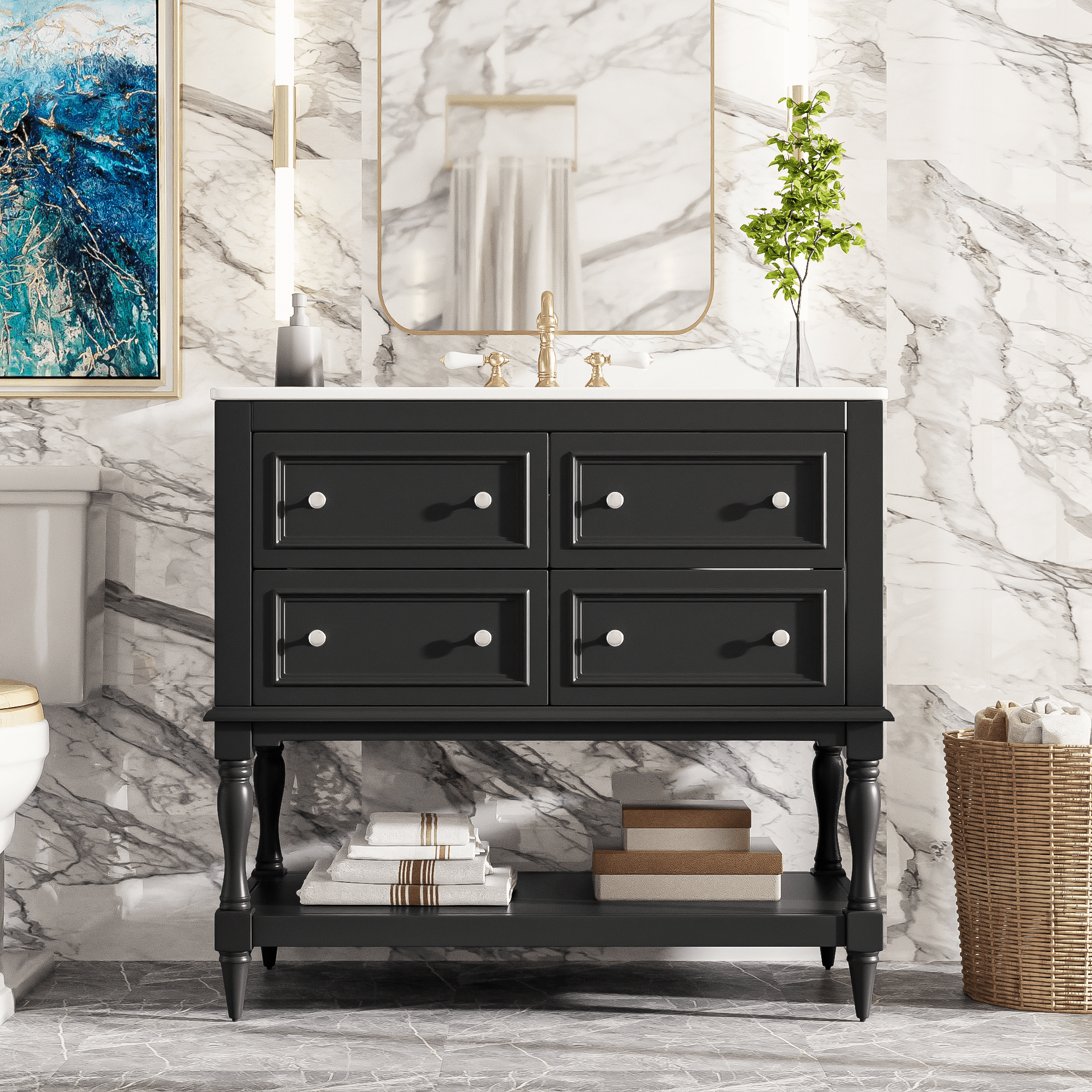 36' Solid Wood Frame Independent Dressing Table Set (black) - KiKiUMi