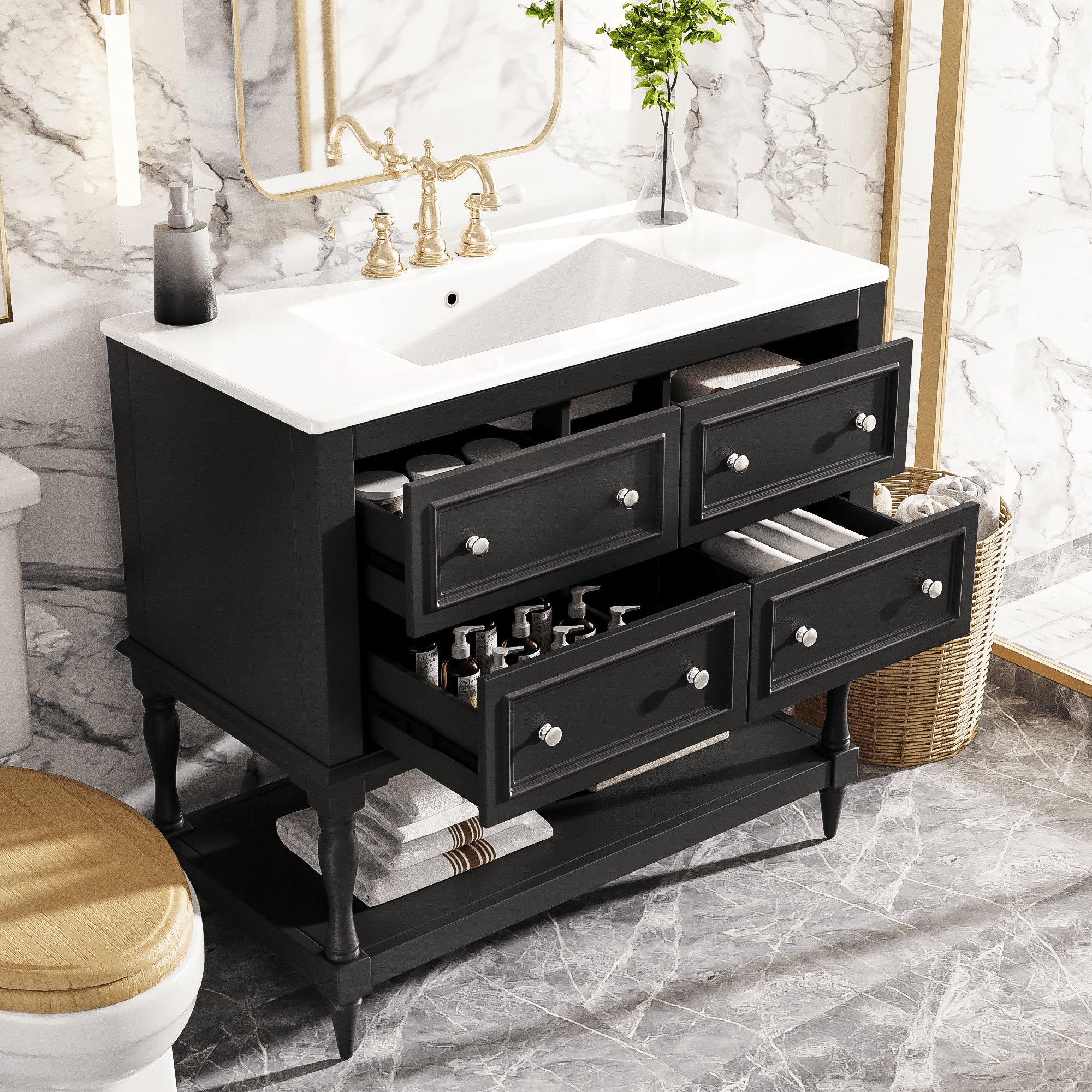 36' Solid Wood Frame Independent Dressing Table Set (black) - KiKiUMi