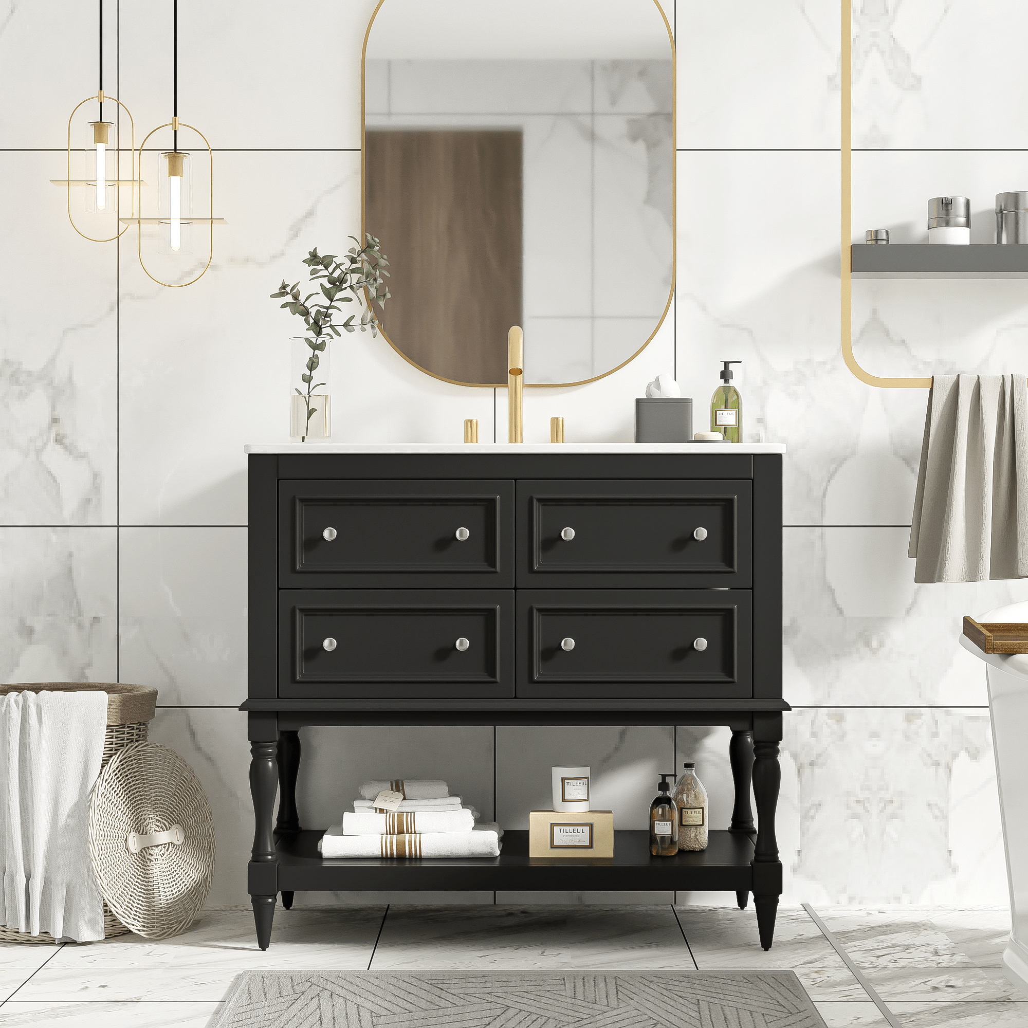36' Solid Wood Frame Independent Dressing Table Set (black) - KiKiUMi