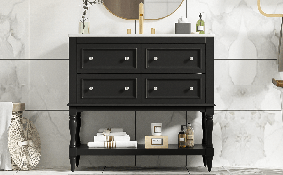 36' Solid Wood Frame Independent Dressing Table Set (black) - KiKiUMi