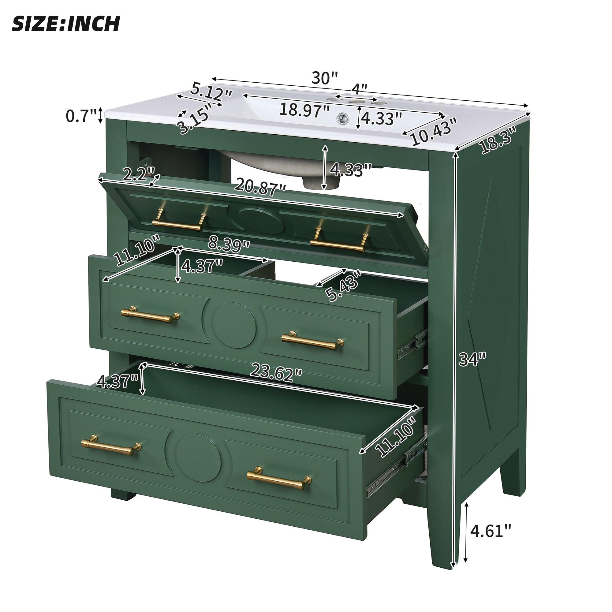 30 "Ceramic sink solid wood frame independent single dressing table set(green)