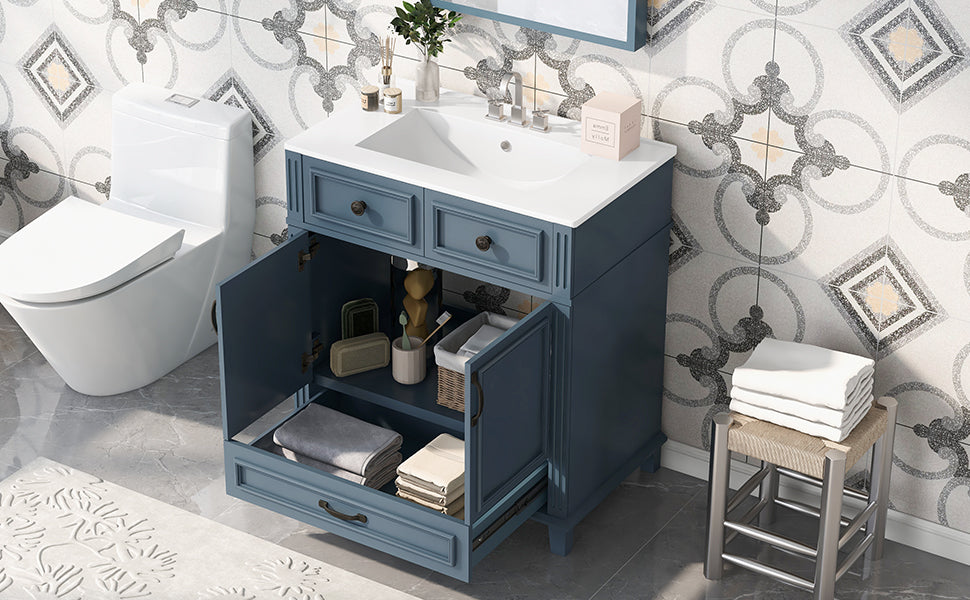 Blue 30 "ceramic sink solid wood frame bathroom dressing table