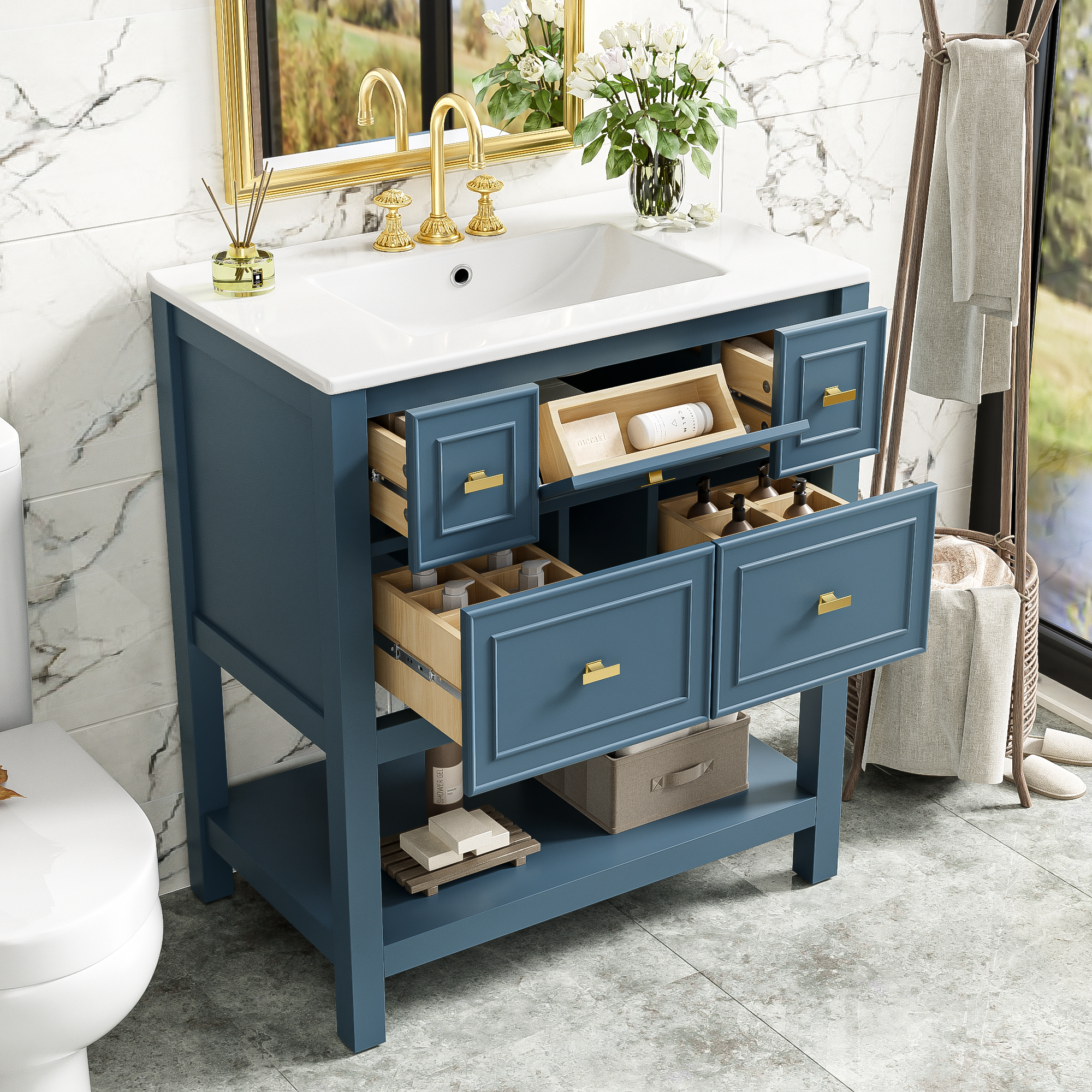 30 "Ceramic sink solid wood frame independent single dressing table set(blue)