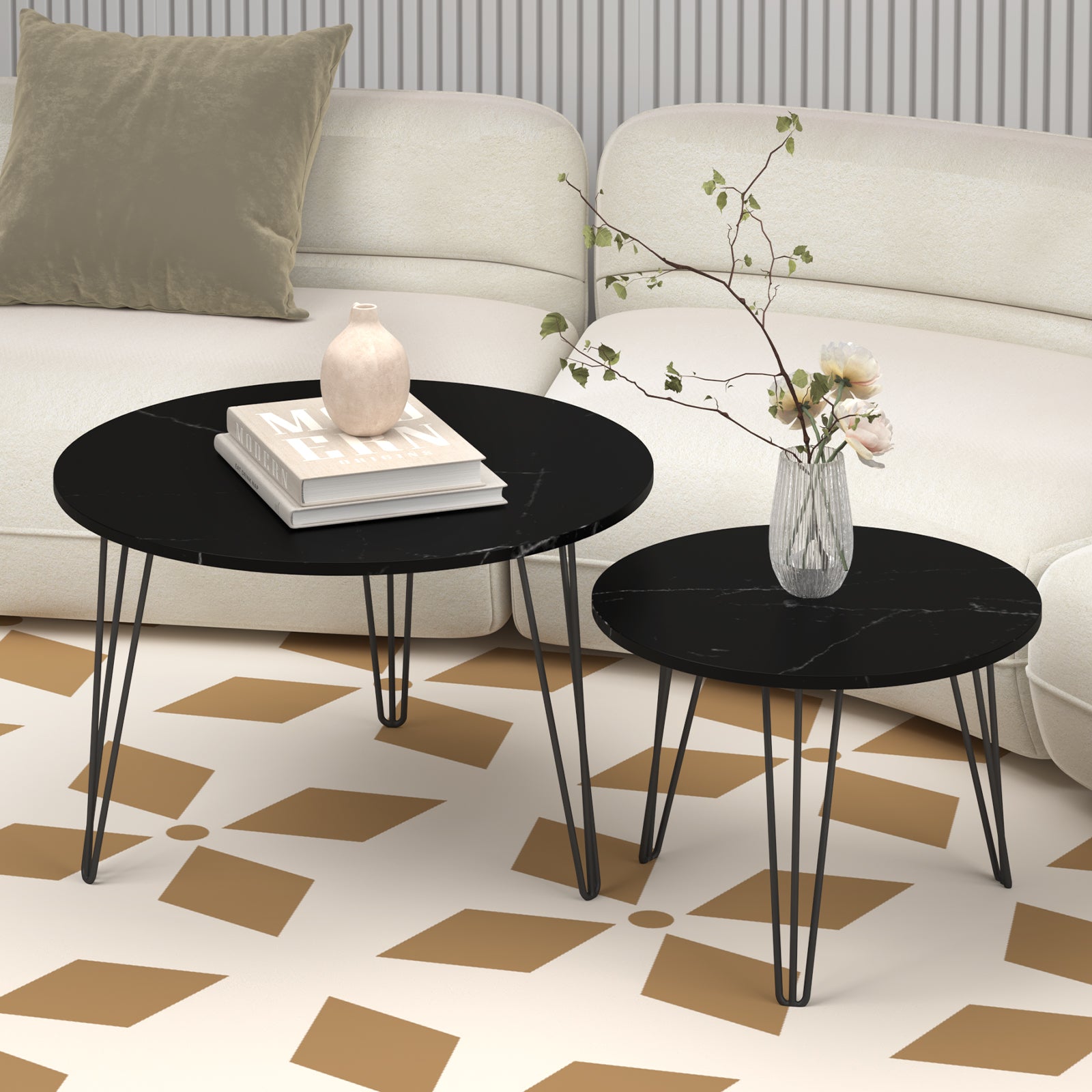 Coffee table with nested marble patterns (Black)
