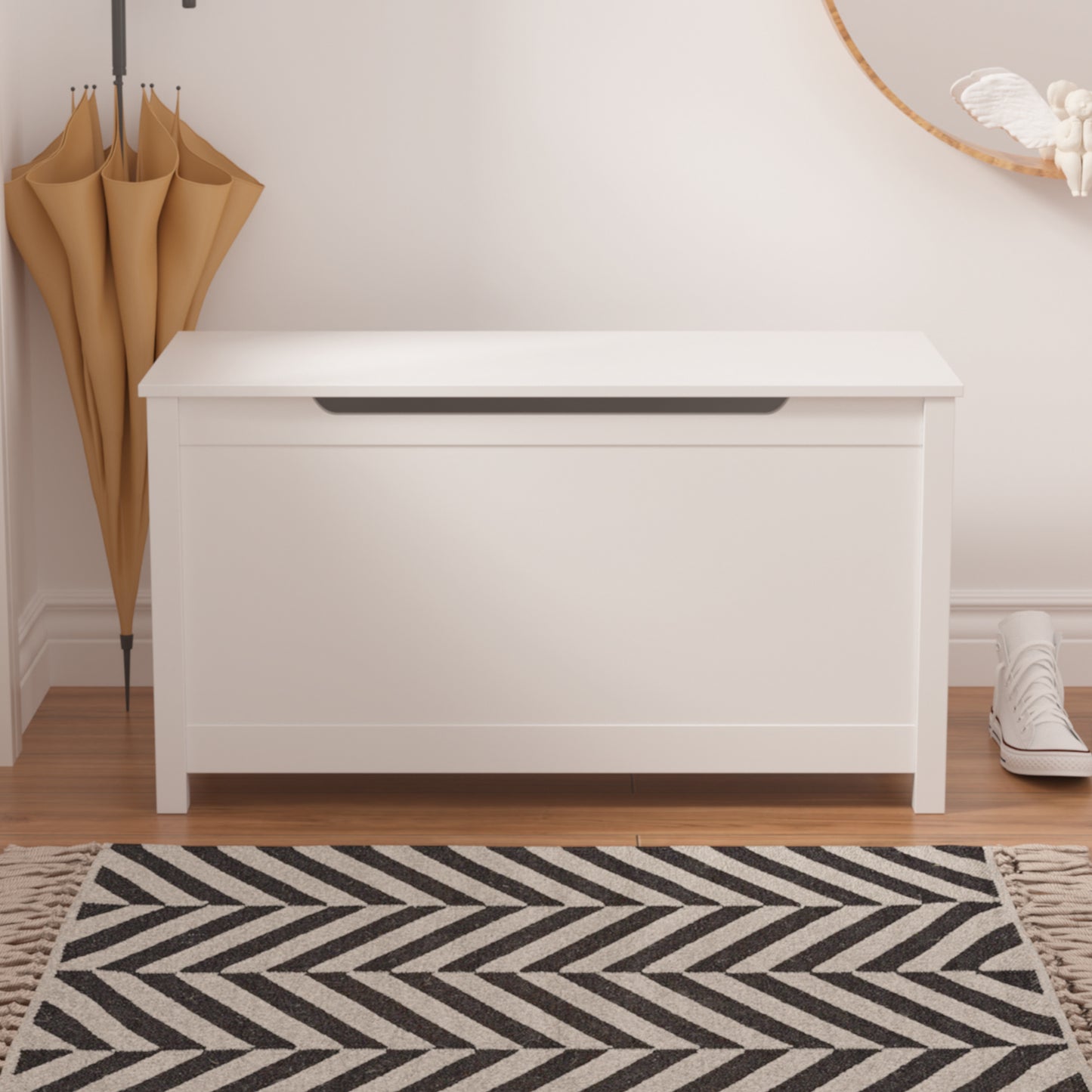 Children's wooden toy box with a safety hinge cover  (White)