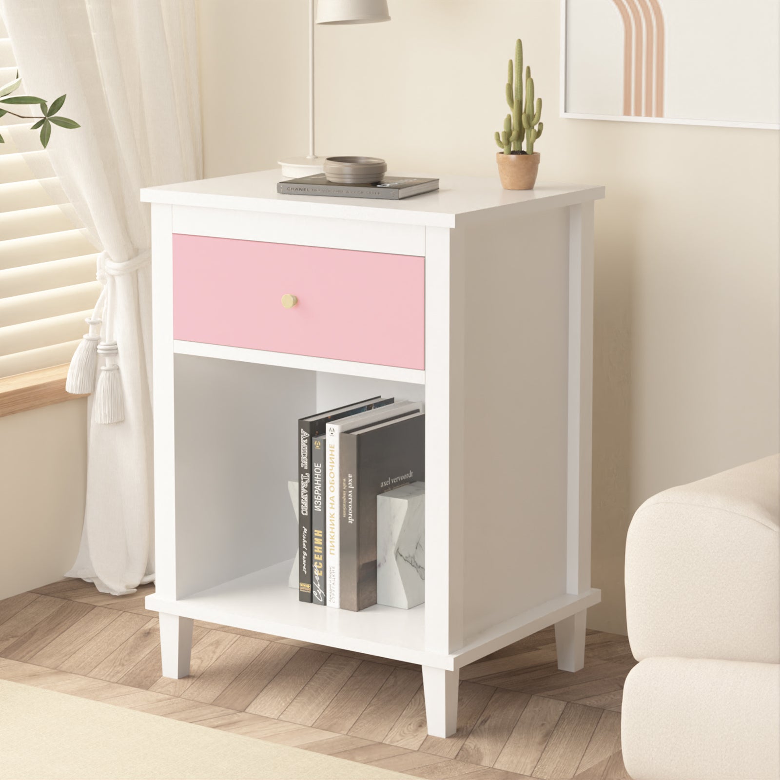 Pink wooden bedside table with drawers and storage cabinets