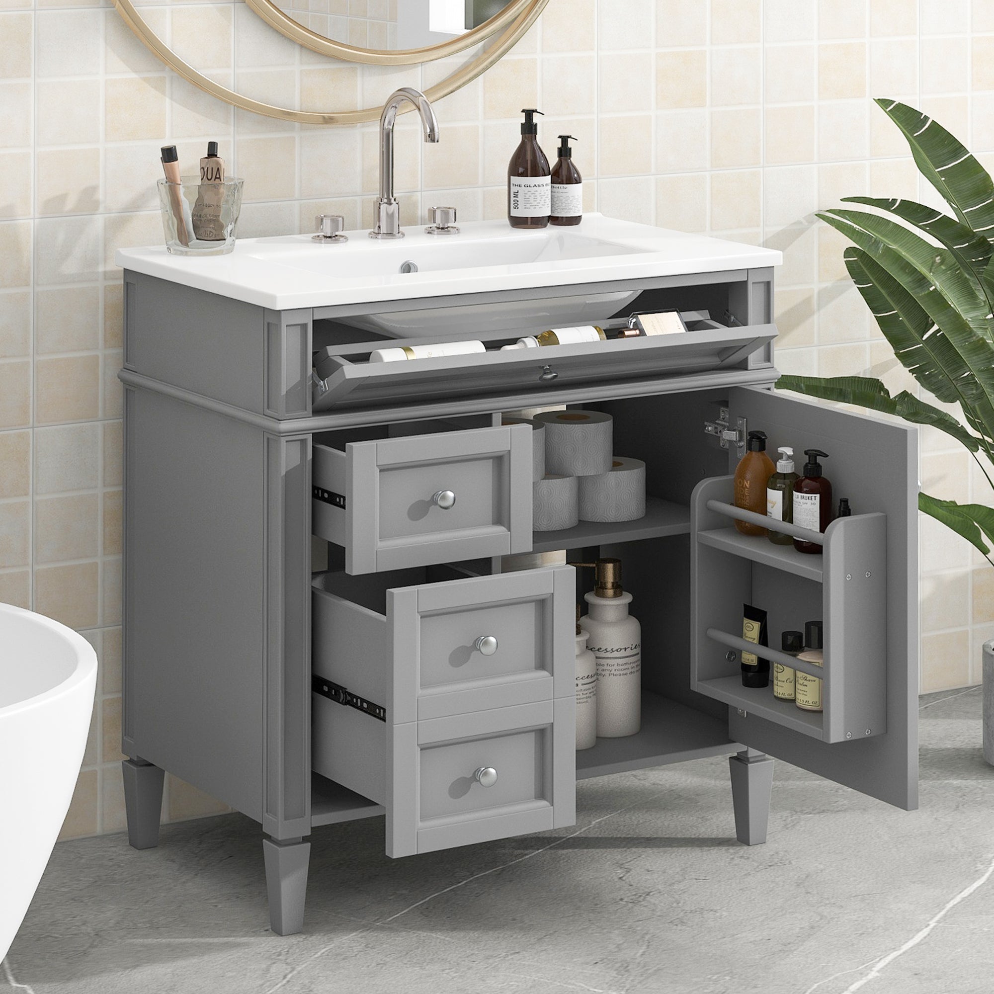 Single sink bathroom dressing table and modern bathroom storage cabinet(Grey)