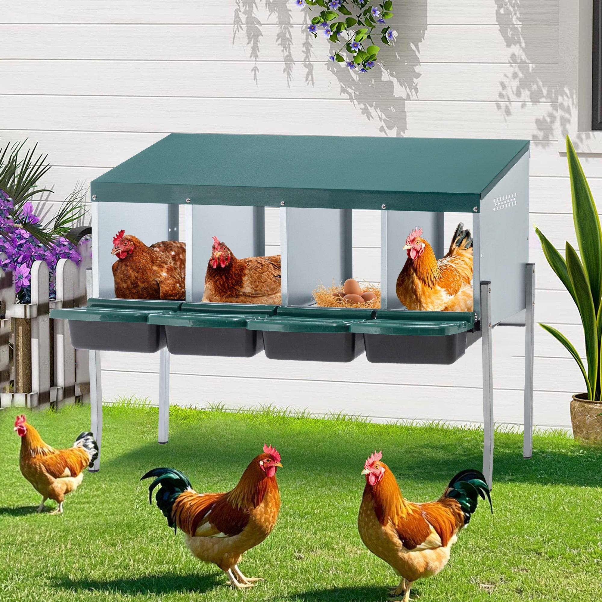 4 - Hole Chicken Nest, With Legs And Cover to Protect Eggs,Green - KiKiUMi