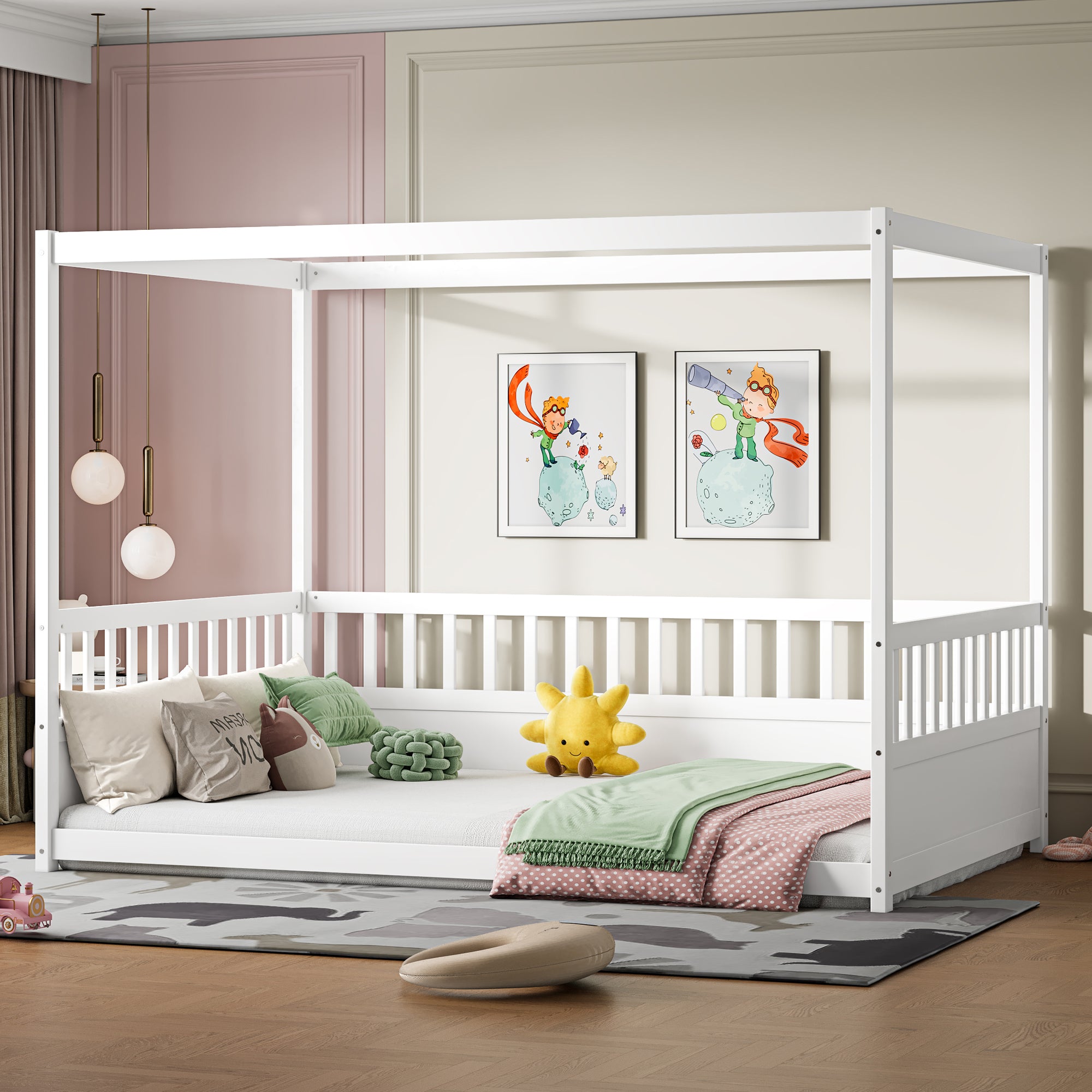 White children's Montessori floor bed, wooden canopy bed frame