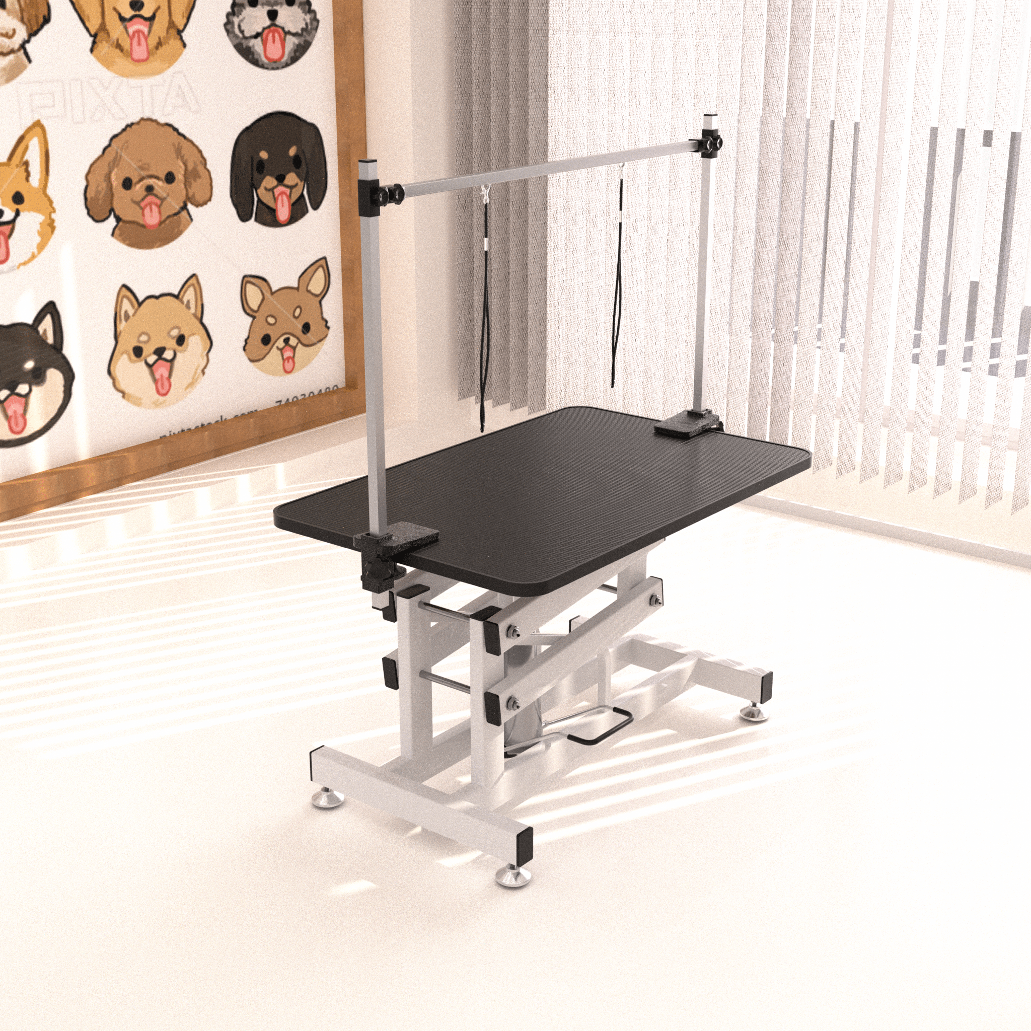43 - inch adjustable heavy - duty hydraulic pet dog grooming table（black white） - KiKiUMi