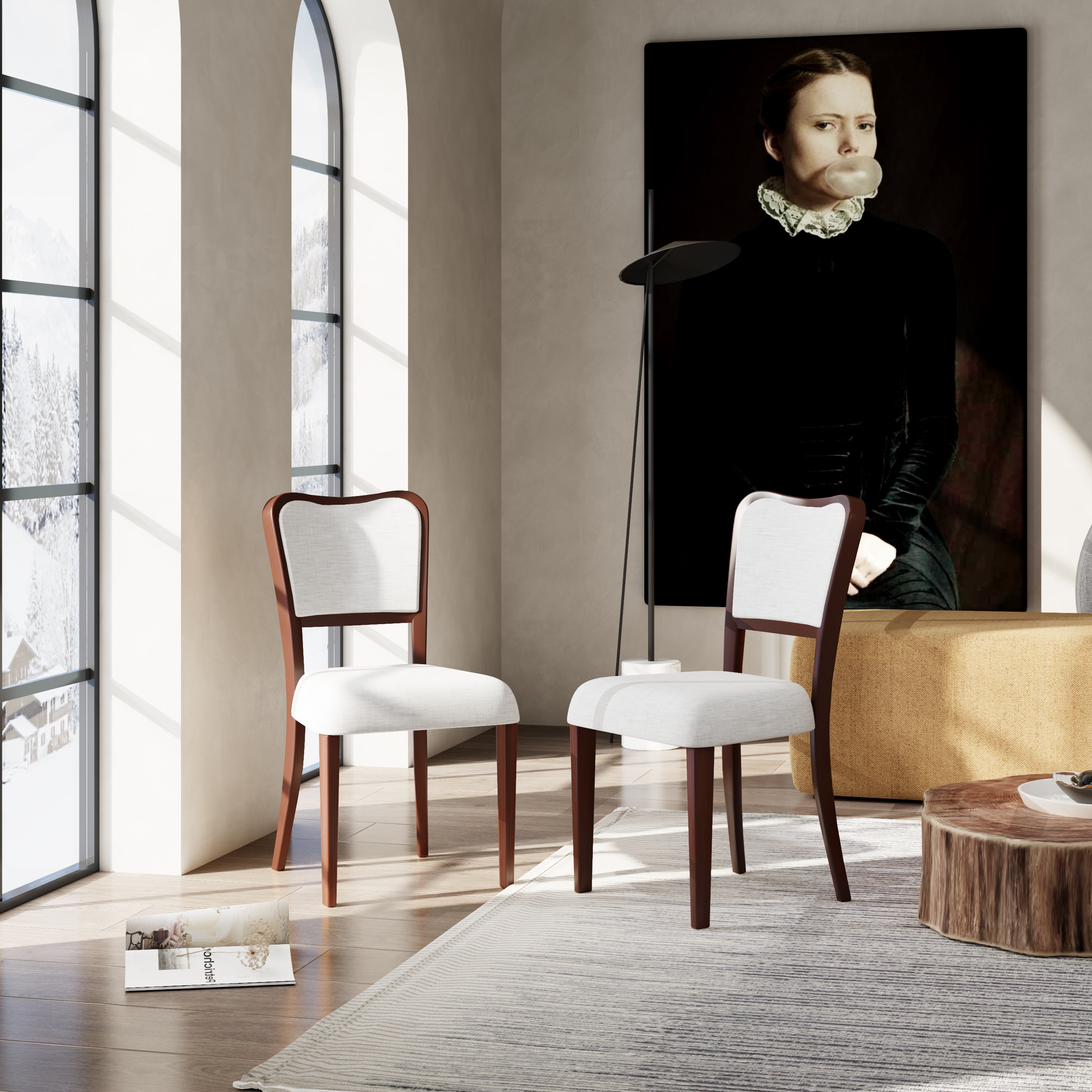 Two traditional and elegant walnut-finished upholstered dining chairs（beige,walnut）