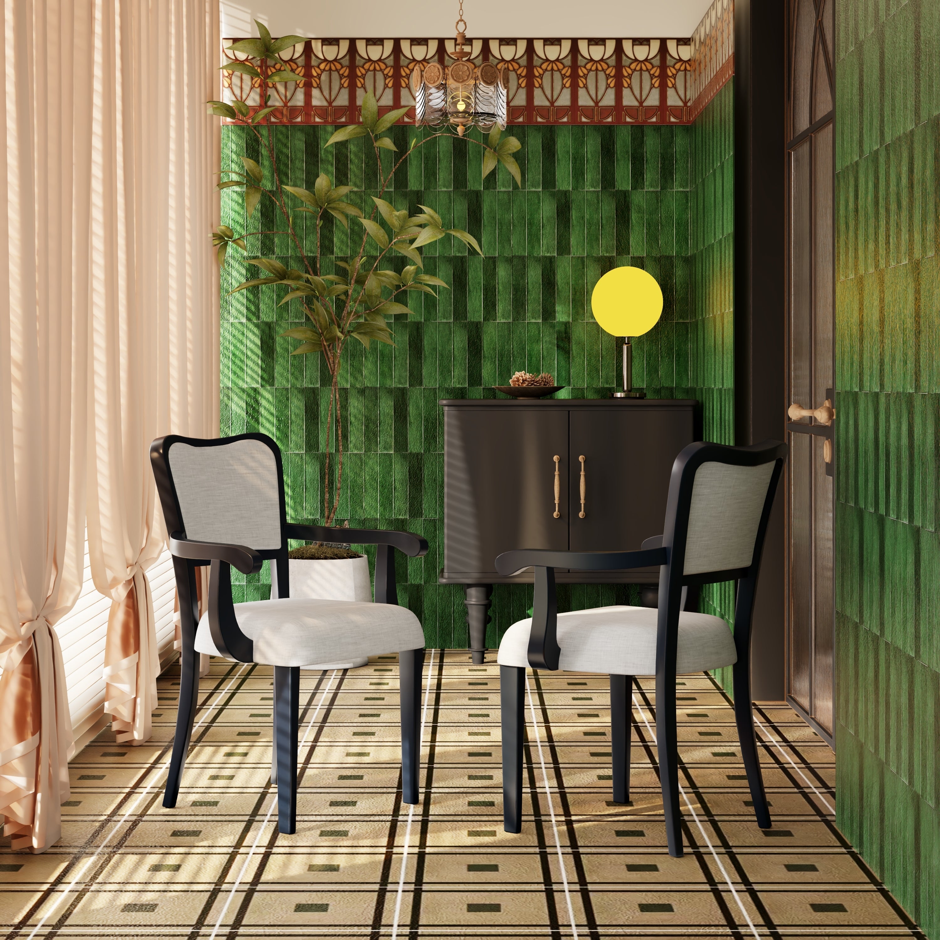 Two traditional curved armrest upholstered dining chairs（beige+black）