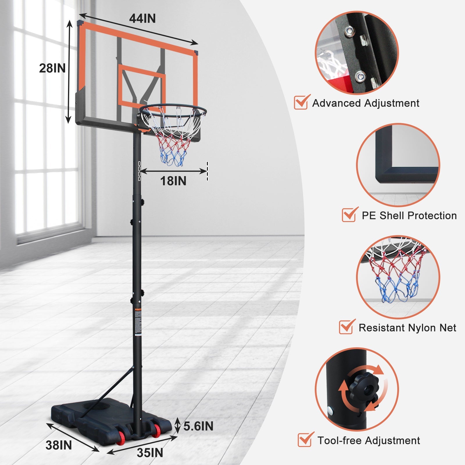 44 - inch orange adjustable portable basketball stand - KiKiUMi