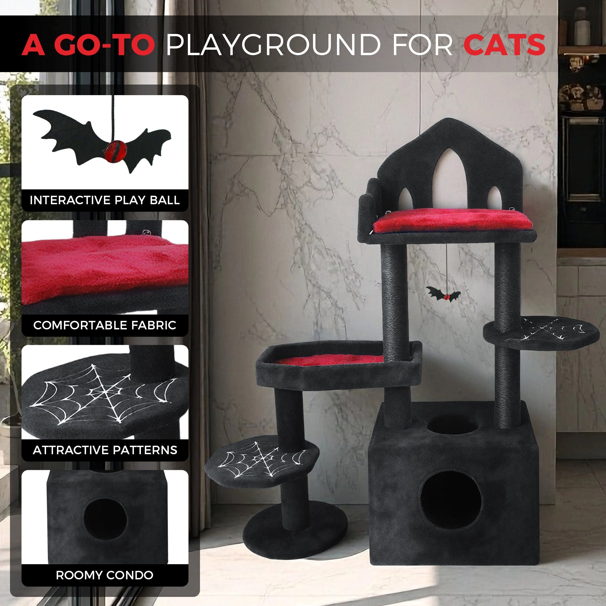 44.5 - inch black Gothic multi - storey cat tree - KiKiUMi