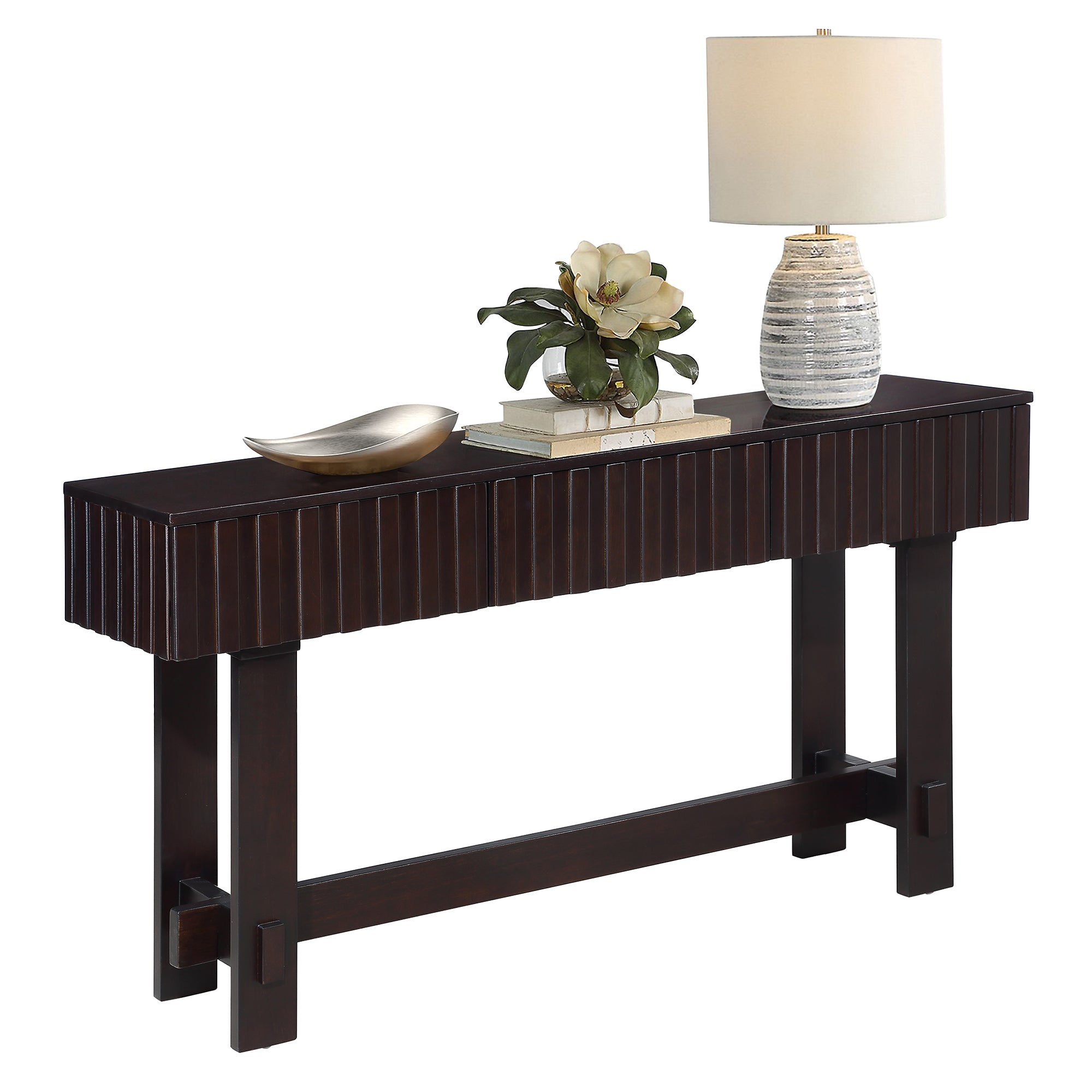 Medieval farmhouse slot console sofa table and storage drawers(espresso)