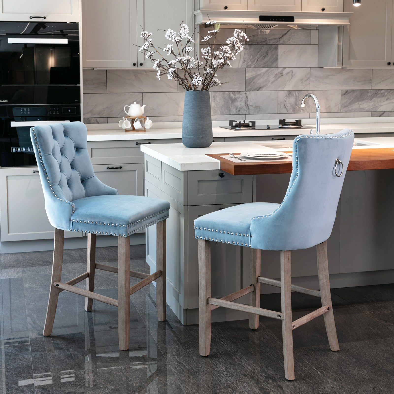 Two contemporary velvet upholstered bar stool(light Blue)