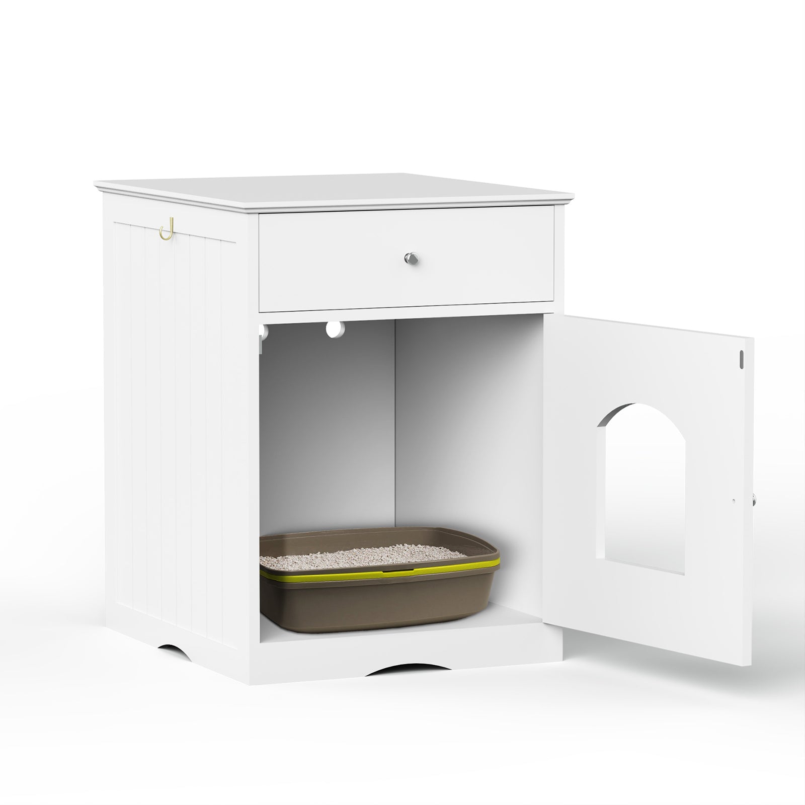 Wooden pet cat litter box with drawers and side tables and a cat's bedside table (White)