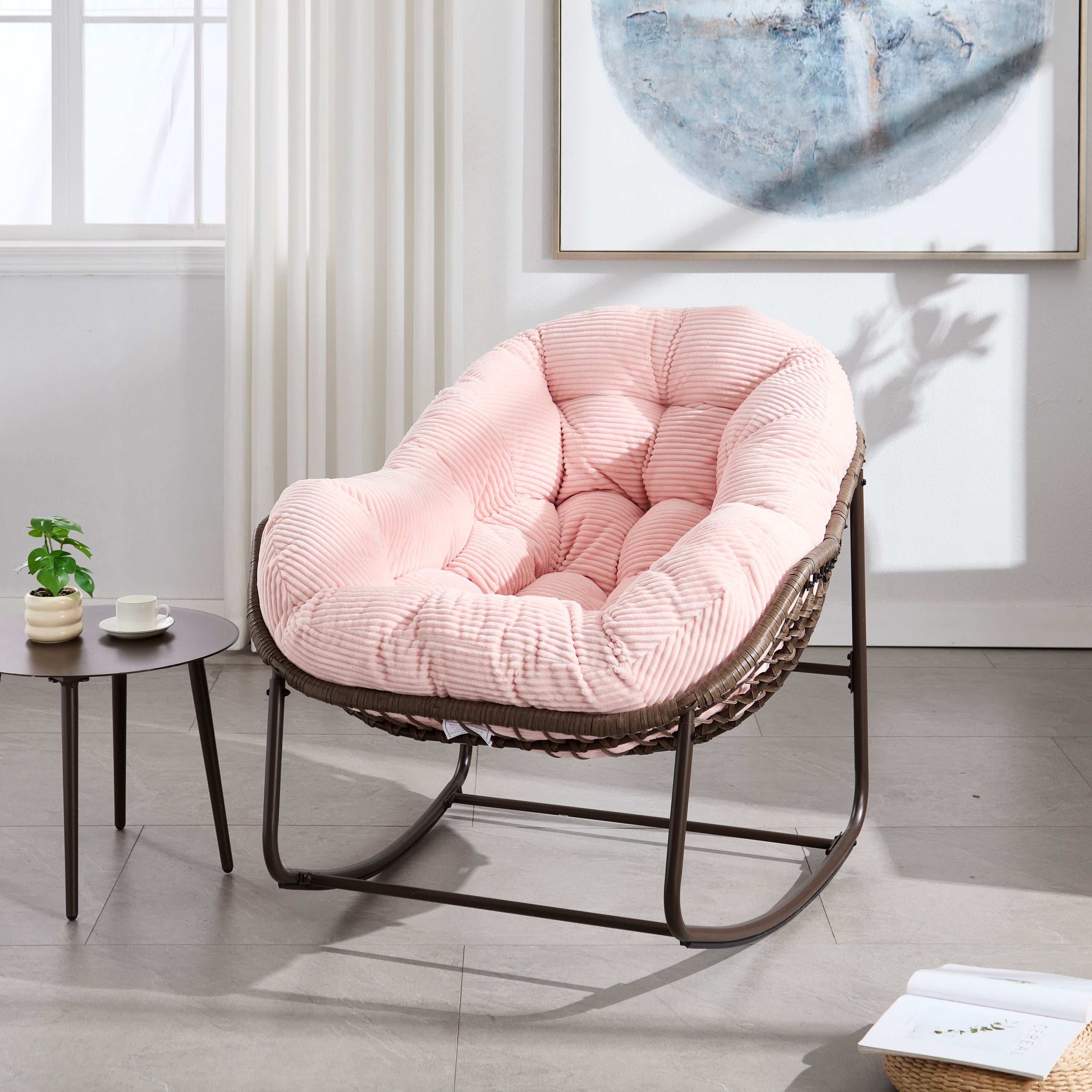 Pink outdoor soft-padded rattan rocking chair and lounge chair