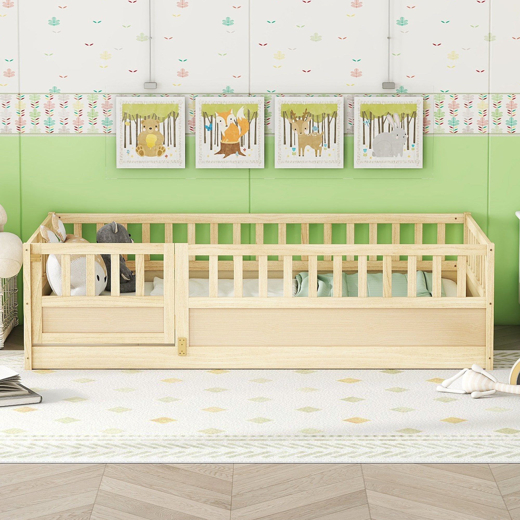 Natural wood children's floor bed