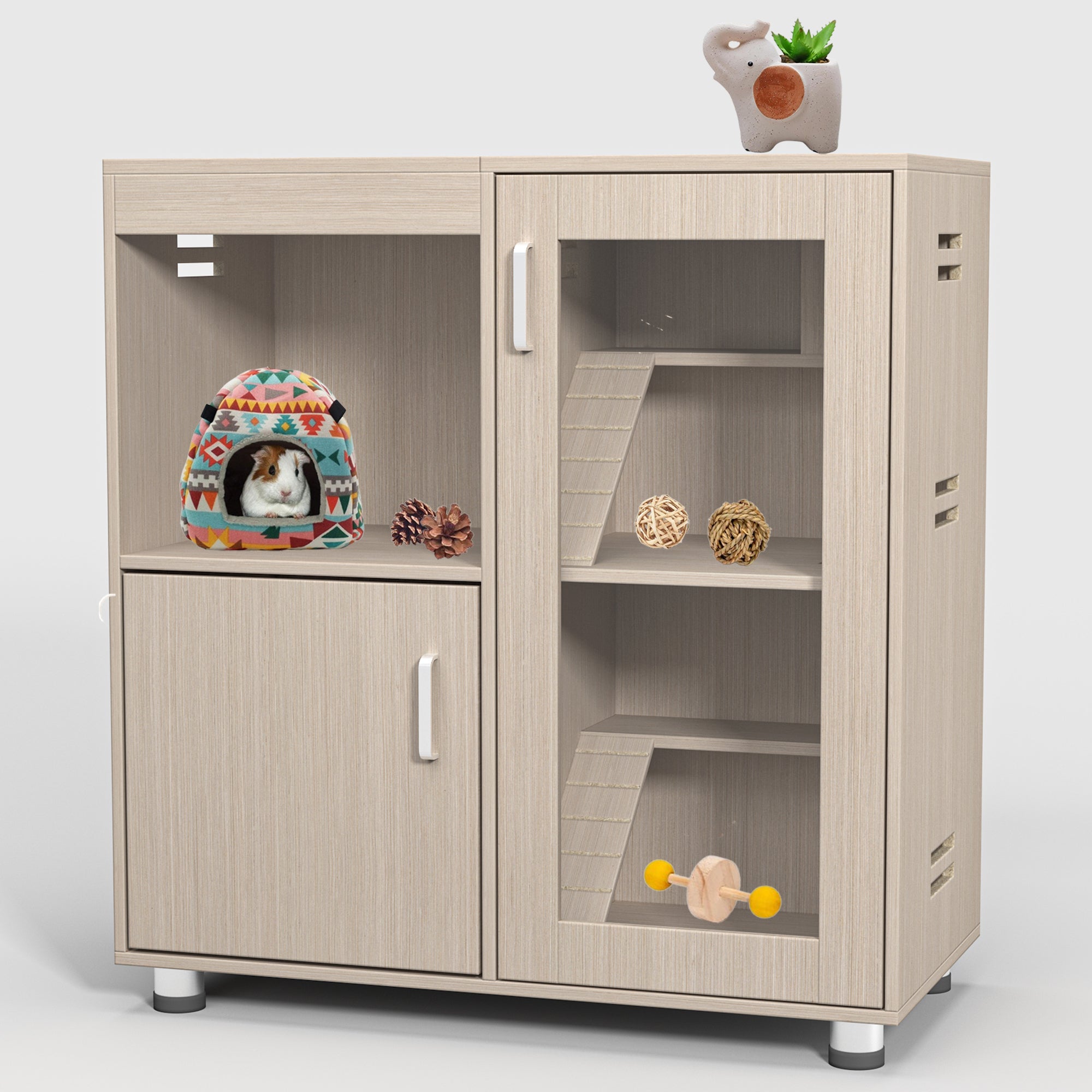 Four layers of wooden hamster, guinea pig and totoro cages with storage cabinets