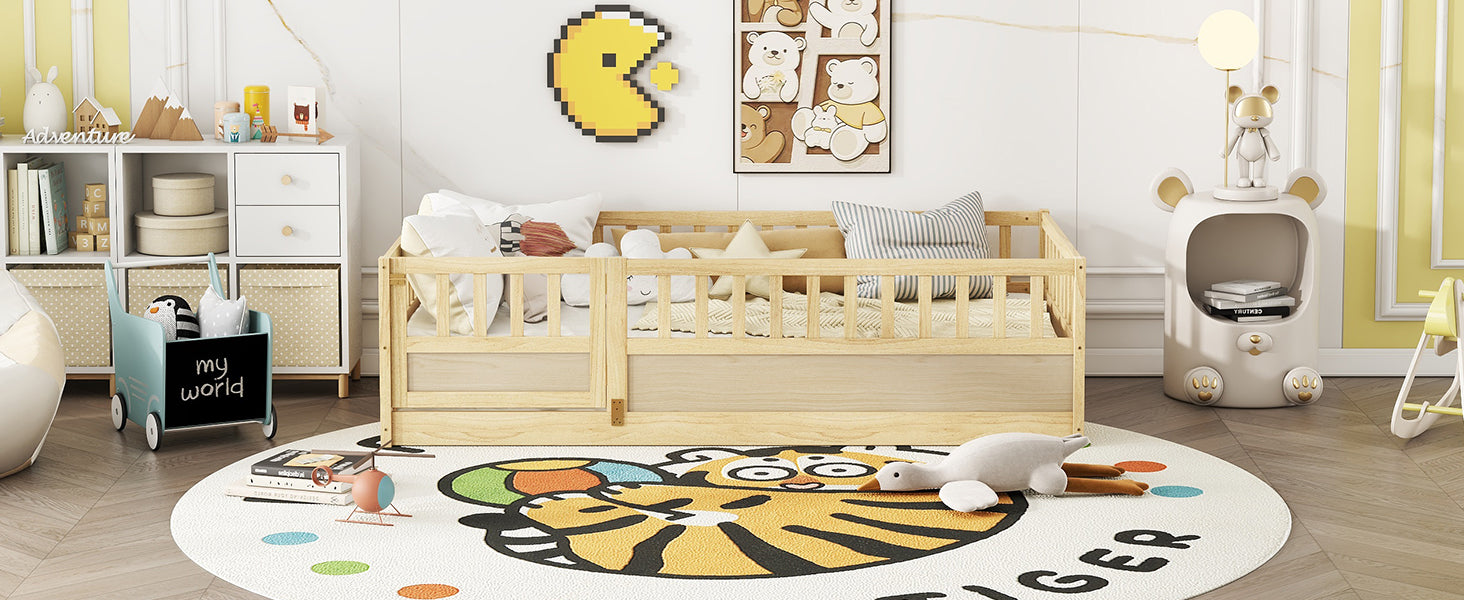 Natural wood support board, double Montessori wooden children's floor bed