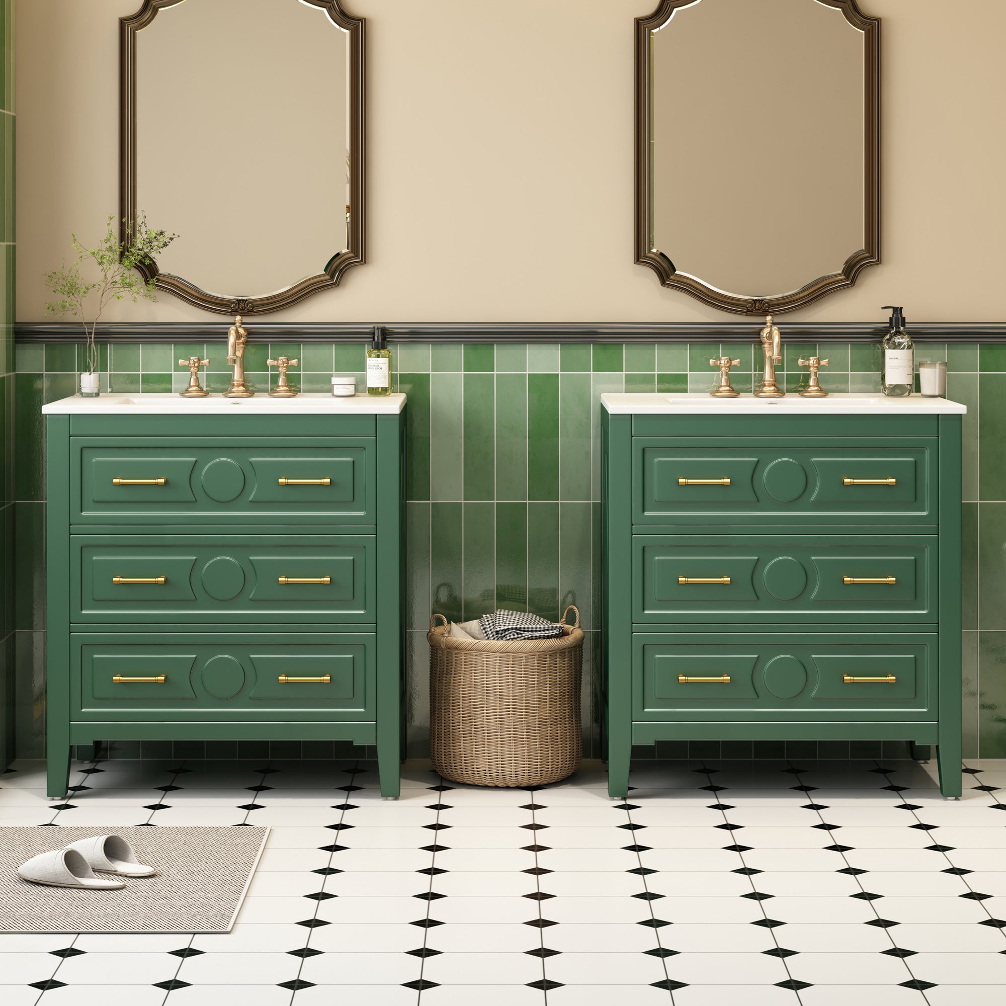 60-inch ceramic sink with solid wood frame bathroom dressing table(green)